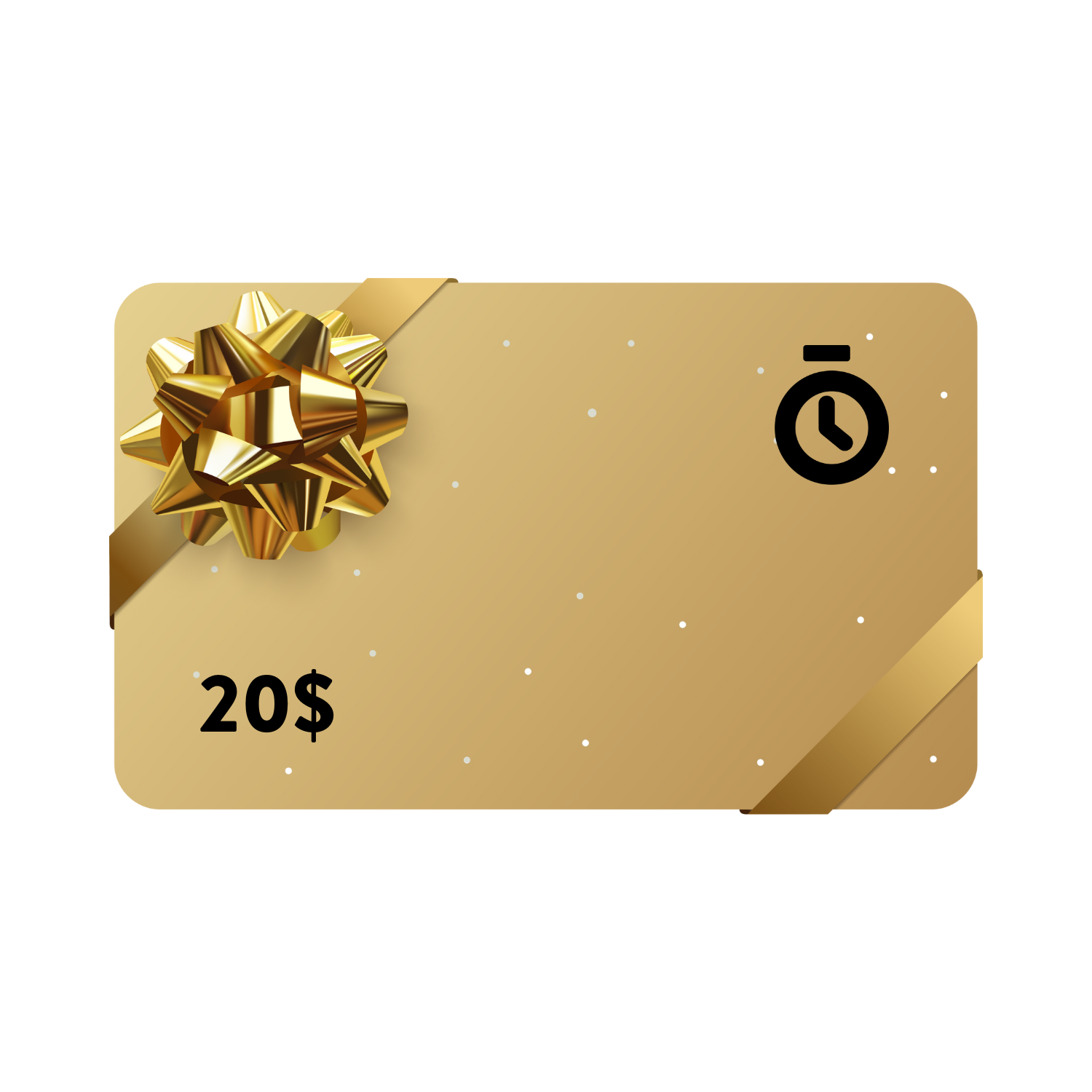 Gold gift card with a bow and '20$' text on a white background