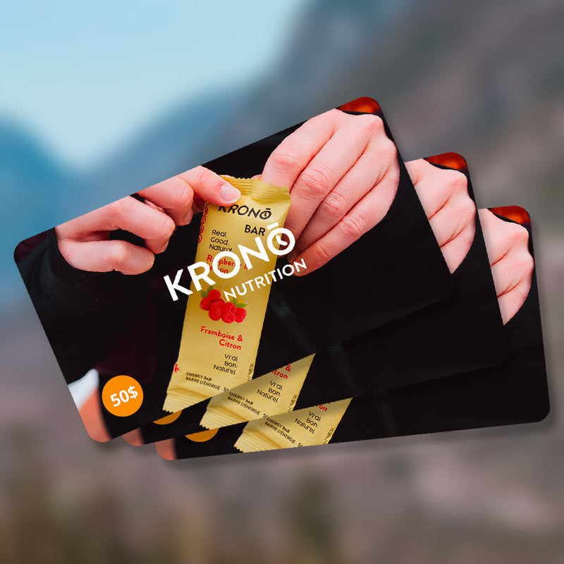 Person holding a 'Krono Nutrition' package with a mountainous background