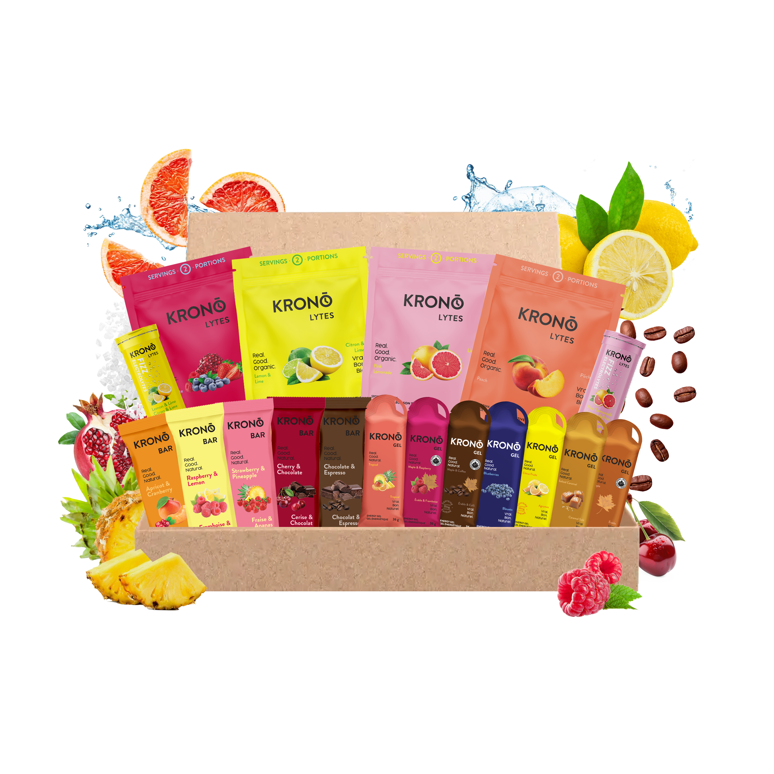 Assorted KRONO NUTRITION products in a box with fruit and berry graphics on a white background