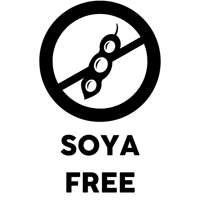 Soya free symbol with a black circle over a soybean on a white background