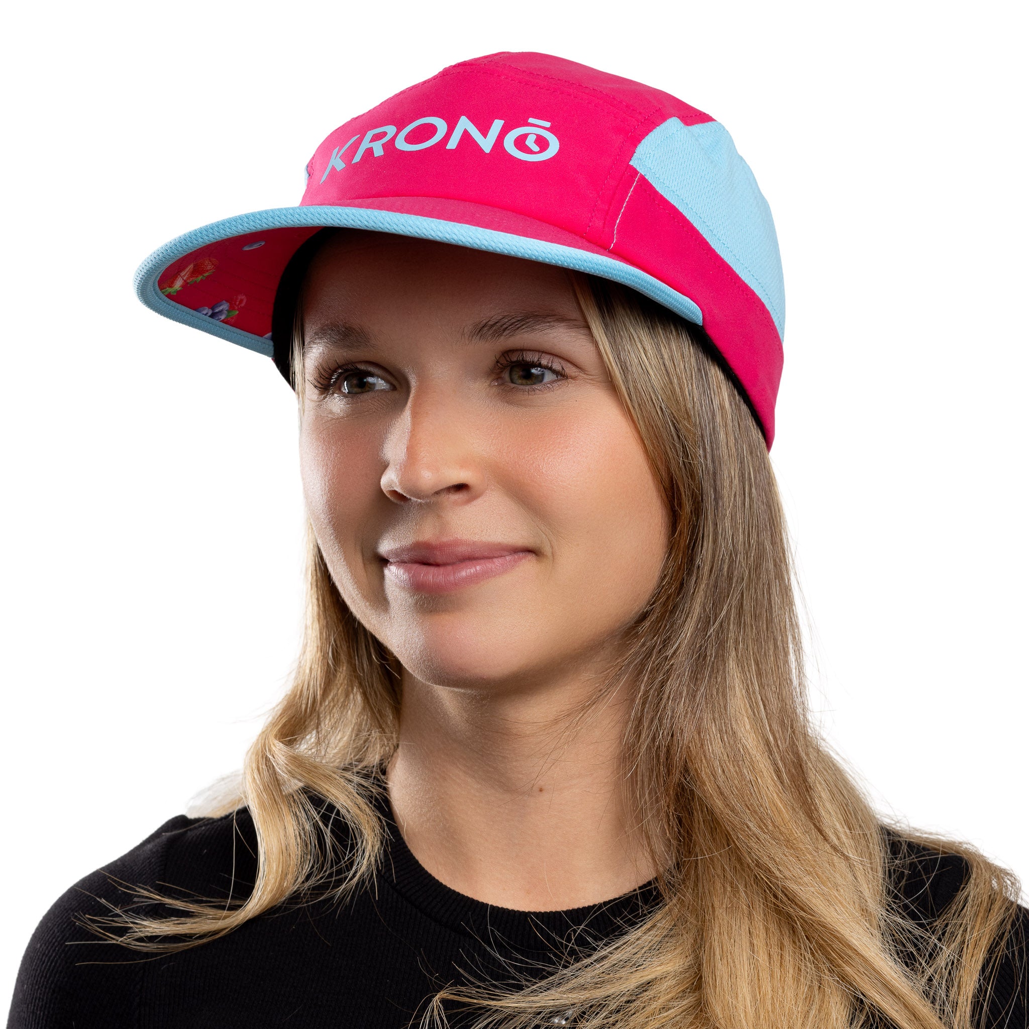 Woman wearing Krono Nutrition berries pomegranate cap