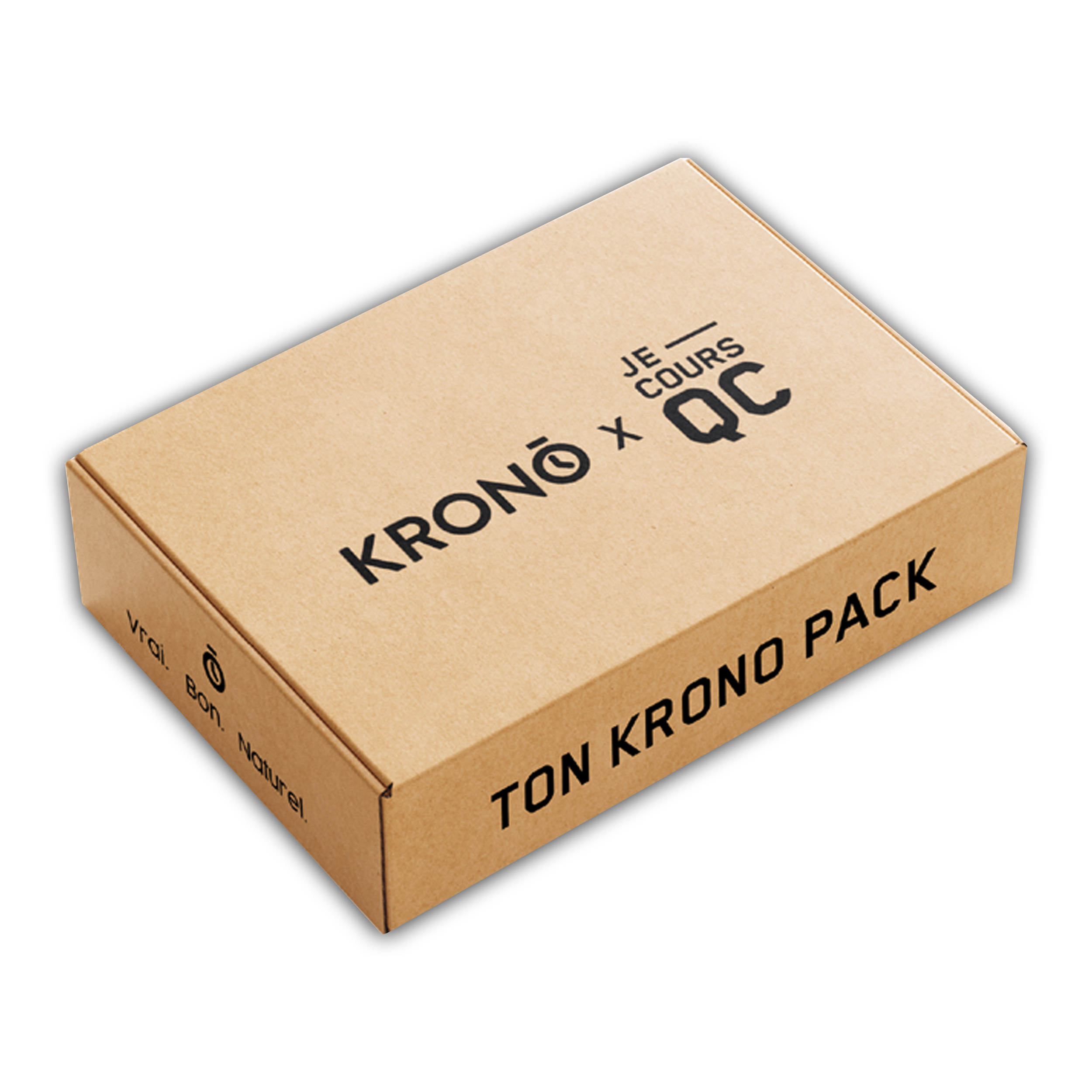 Krono Nutrition discovery box Je cours Québec with the writing "TON KRONO PACK" on the front of the cardboard box.