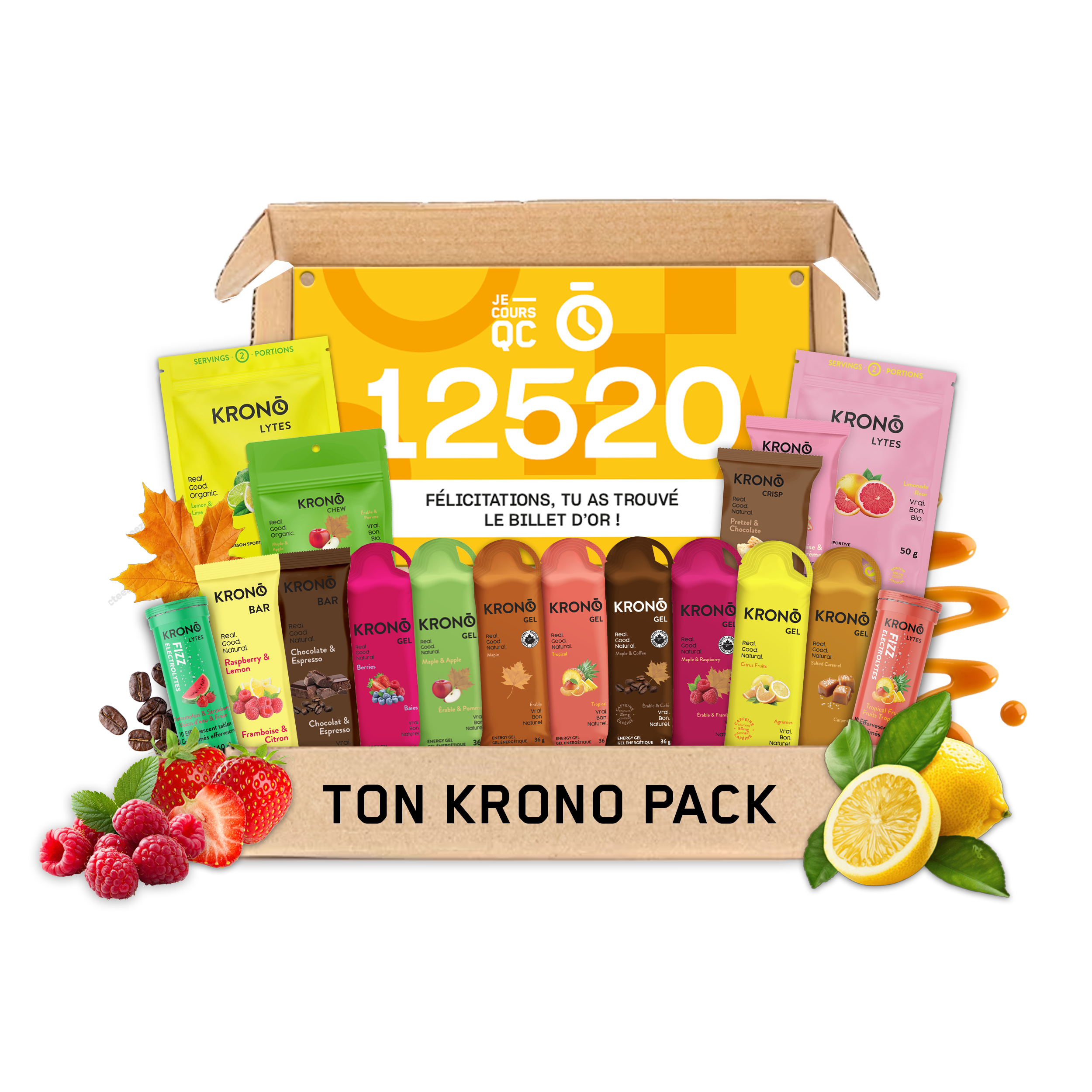 A KRONO coffee gift set box labeled 'TON KRONO PACK' filled with assorted KRONO branded pouches and packets, with fruit and coffee-themed decorative elements around it on a white background.