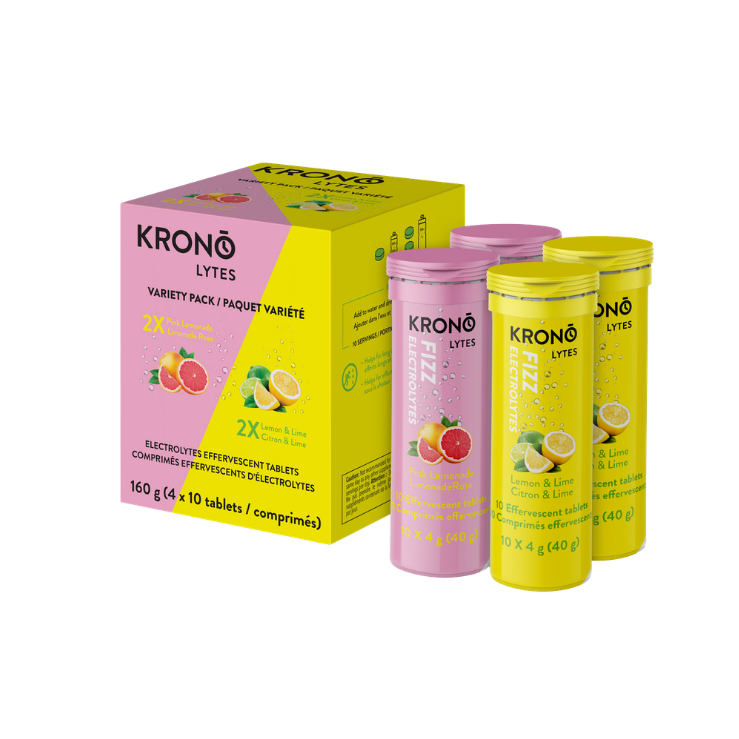 Krono Nutrition pink lemonade and lemon and lime effervescent tablets, variety pack, in a box of 4 tubes