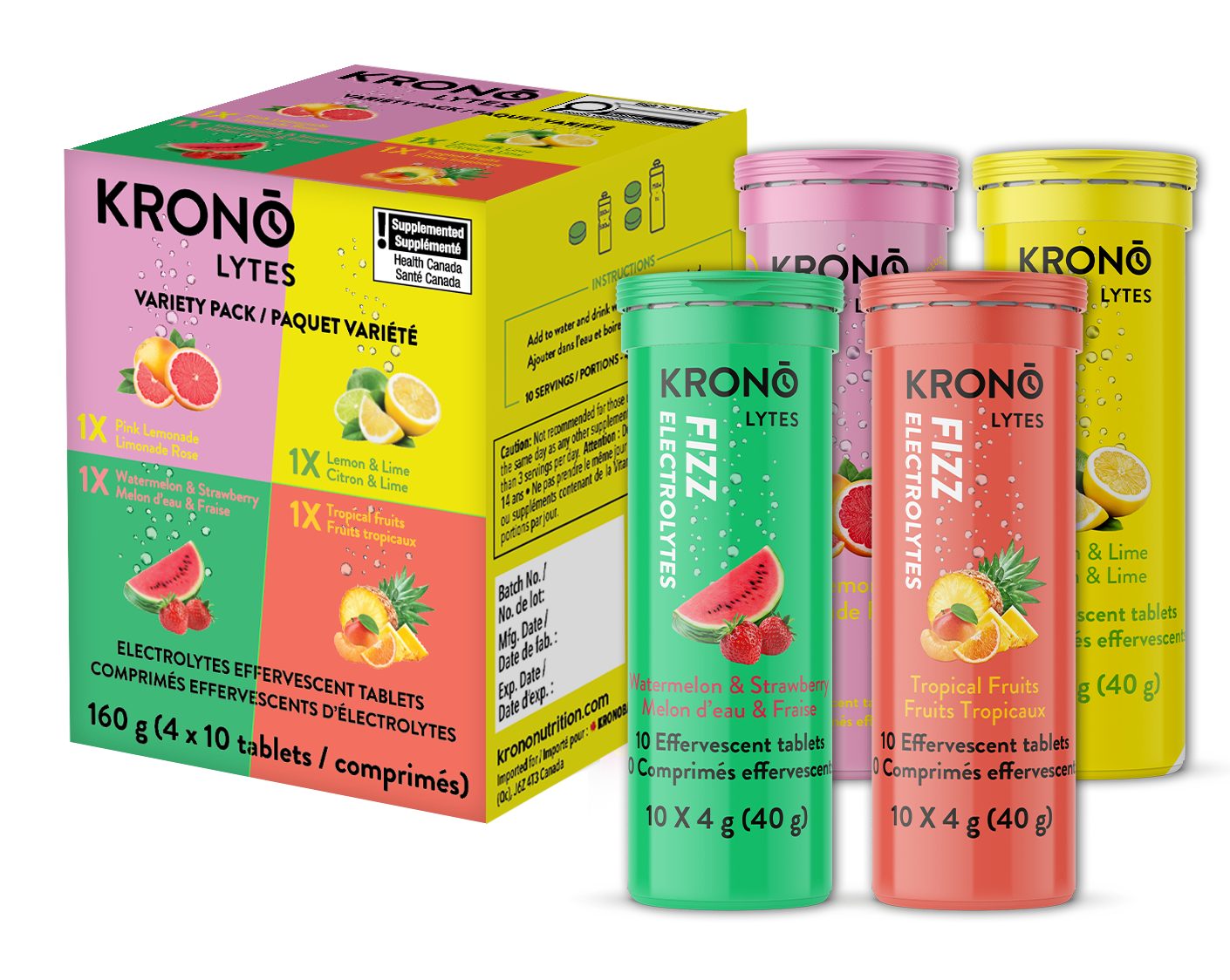 Krono Nutrition variety pack effervescent tablets, in a box of 4 tubes, 1 tube per flavor