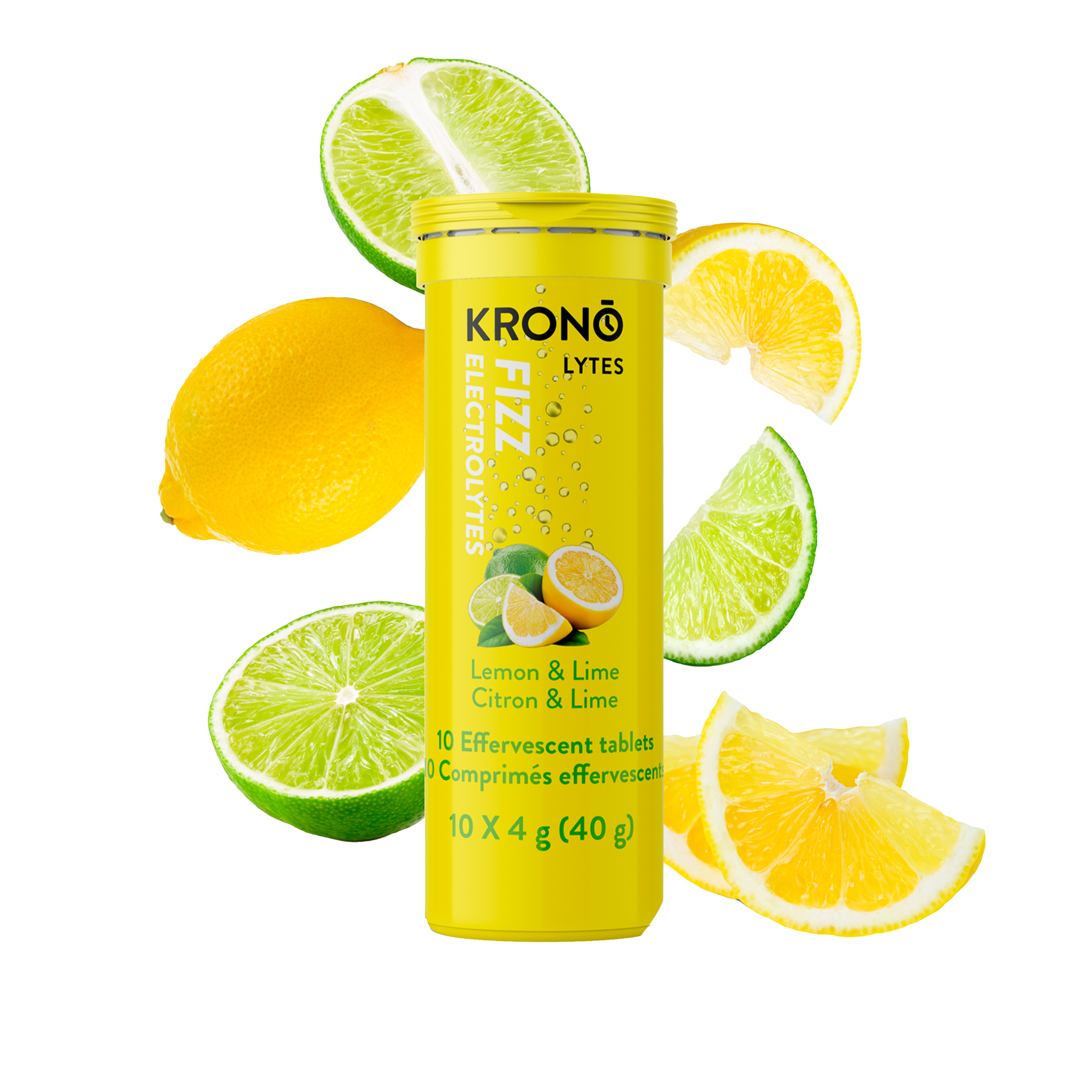 Krono Nutrition lemon and lime effervescent tablets, lemons and limes in the background