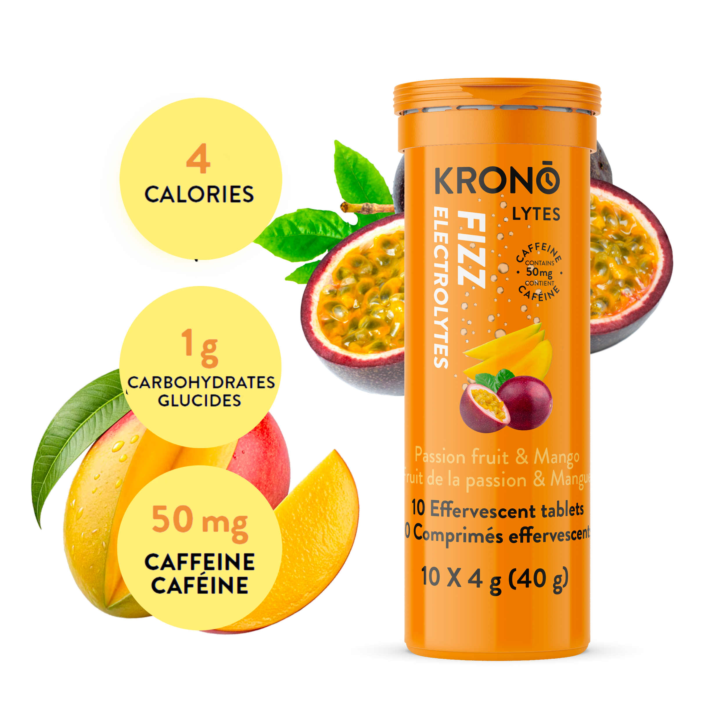 Krono Nutrition passion fruit and mango effervescent tablets, composition with passion fruits and mangoes in the background
