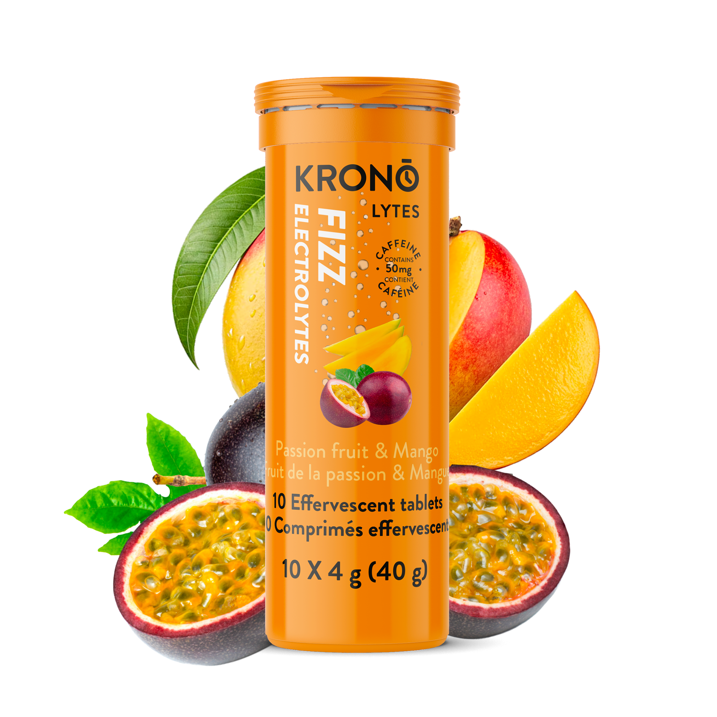 Krono Nutrition passion fruit and mango effervescent tablets, passion fruits and mangoes in the background