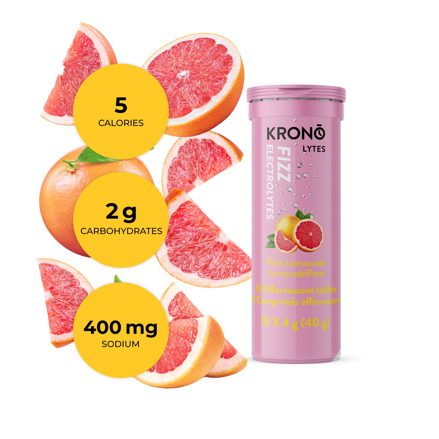 Krono Nutrition pink lemonade effervescent tablets, composition with grapefruits in the background