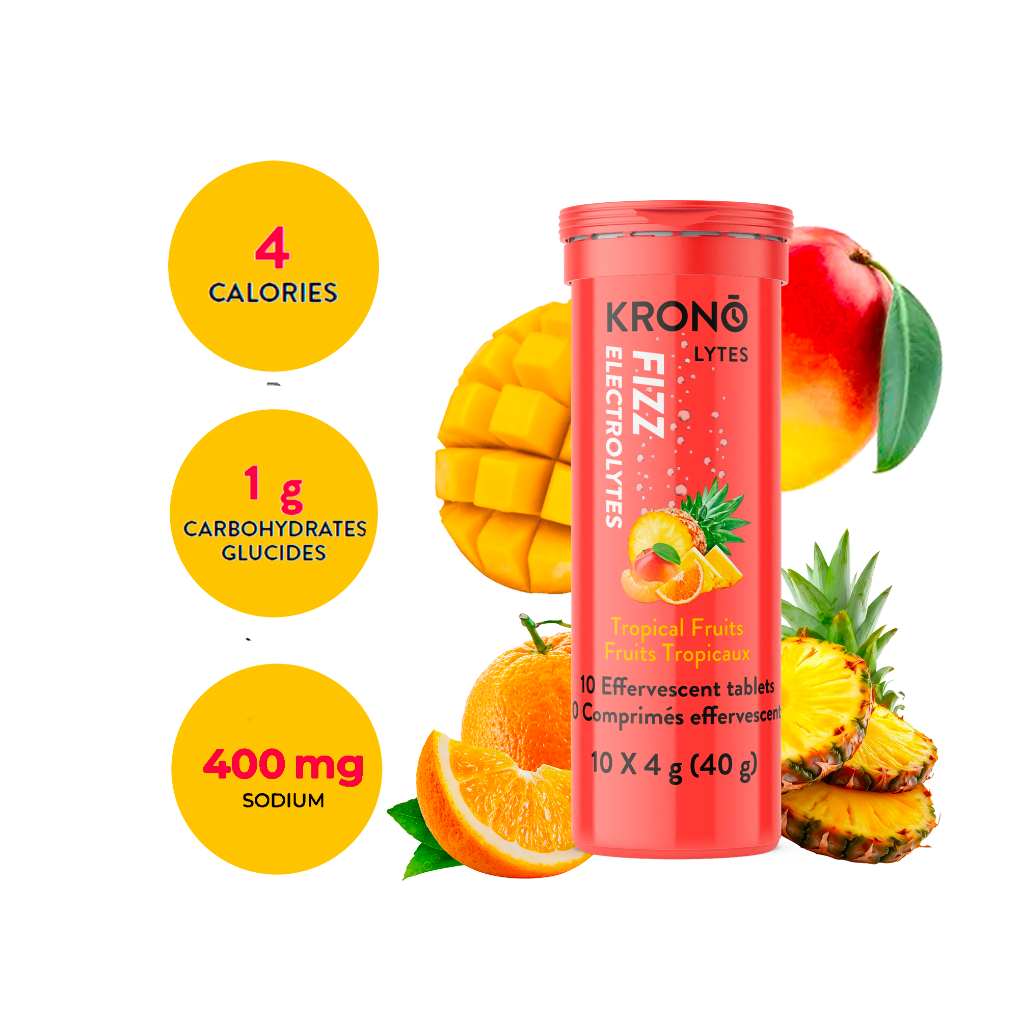 Krono Nutrition tropical fruits effervescent tablets, composition with assorted tropical fruits in the background