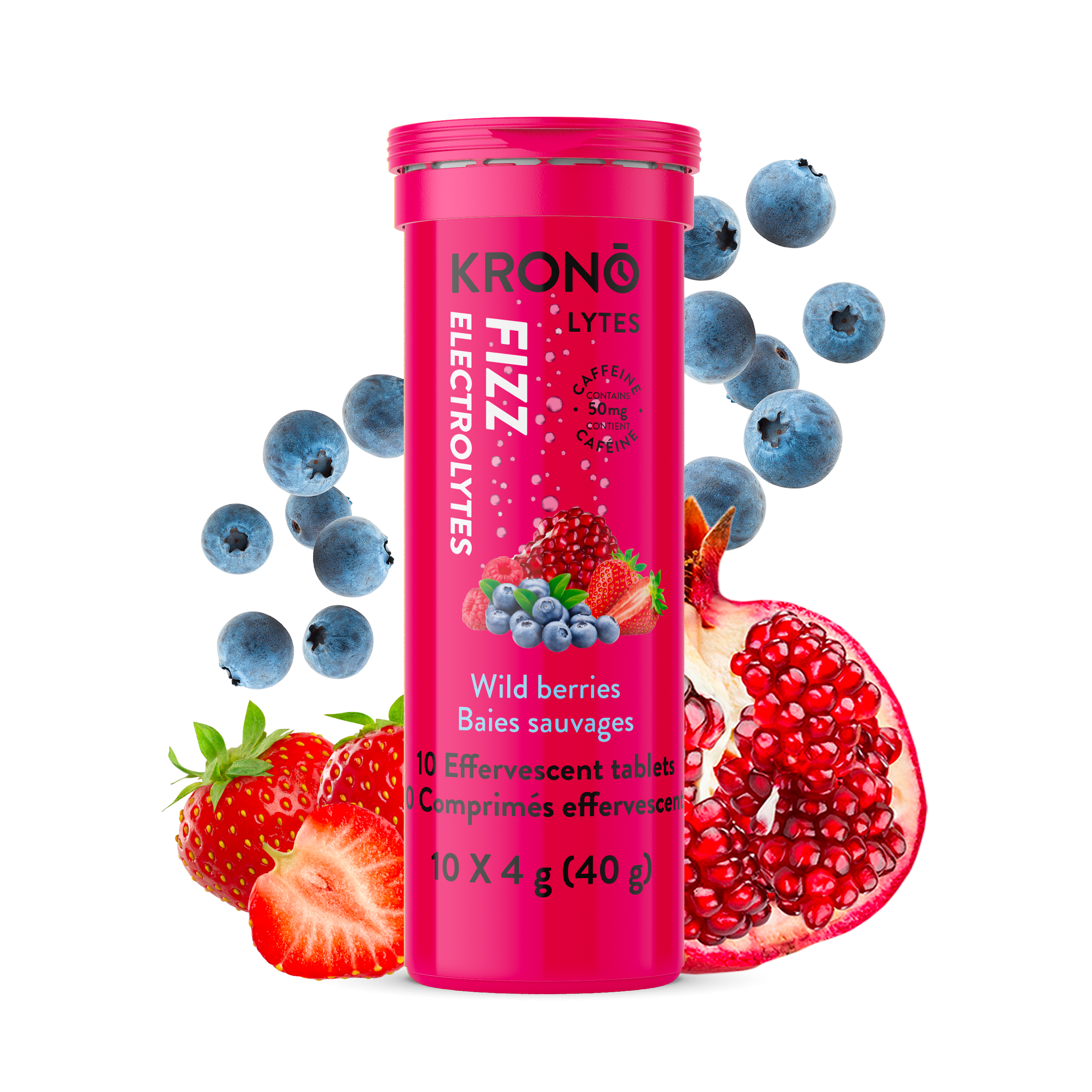 Krono Nutrition wild berries effervescent tablets, assorted wild berries in the background