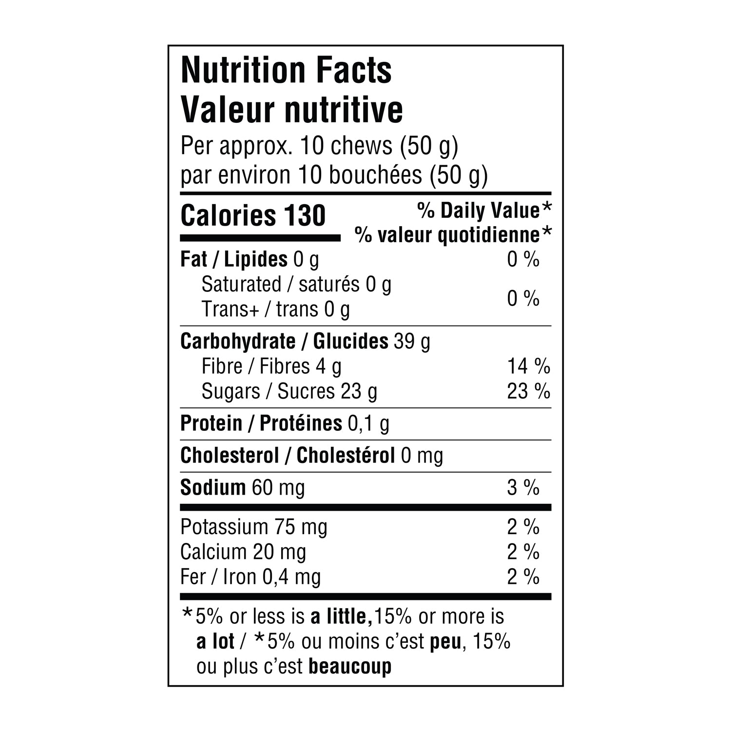 Nutrition facts for Krono Nutrition maple and apple energetic chews