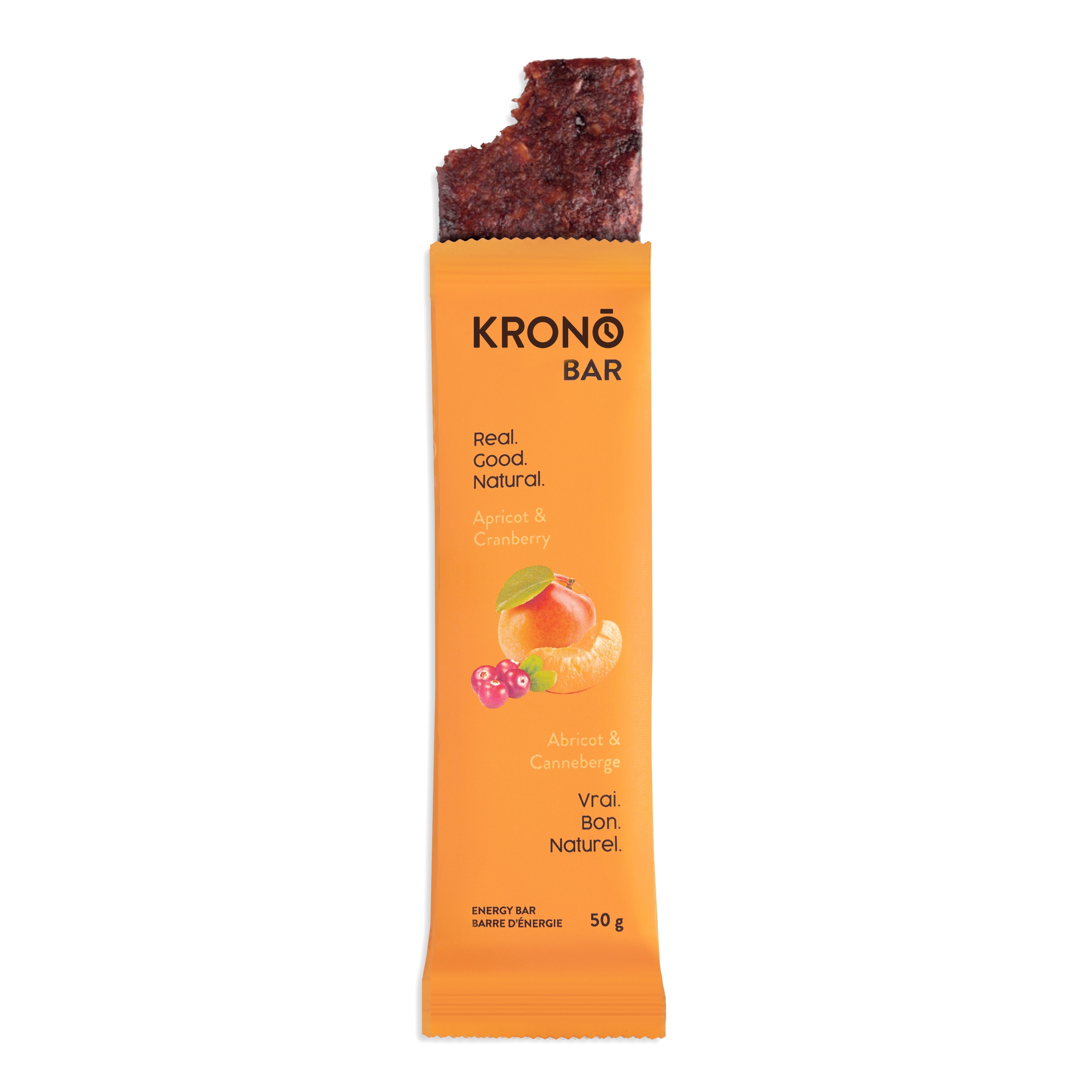 Krono Nutrition apricot and cranberry energy bar, with a bite taken out of it