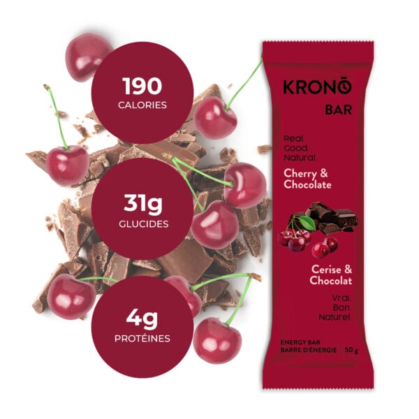 Krono Nutrition cherry and chocolate energy bar, composition with cherries and chocolate in the background