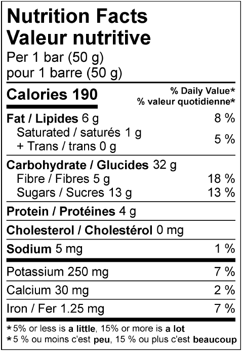 Nutrition facts for Krono Nutrition maple and apple energy bar