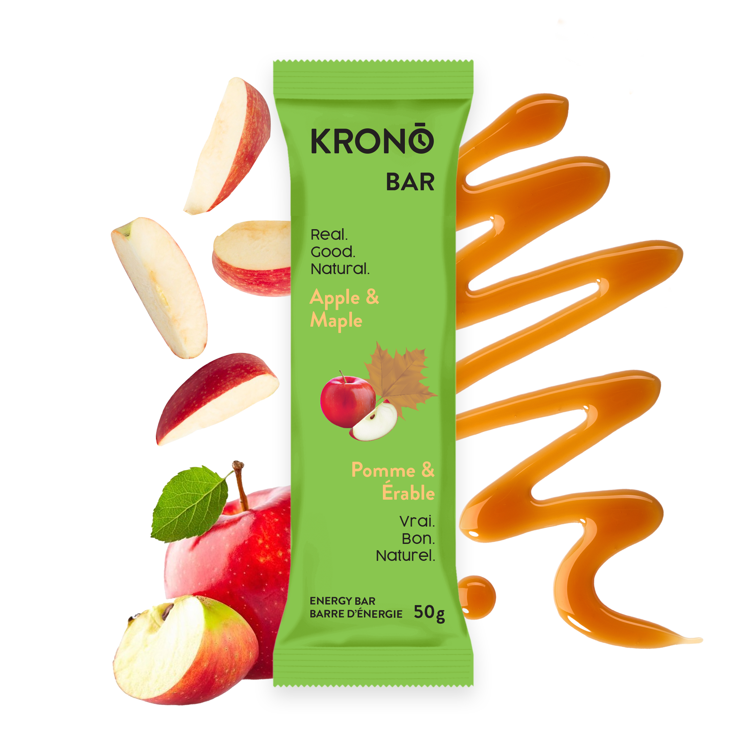 Krono Nutrition maple and apple energy bar, maple syrup and apples in the background