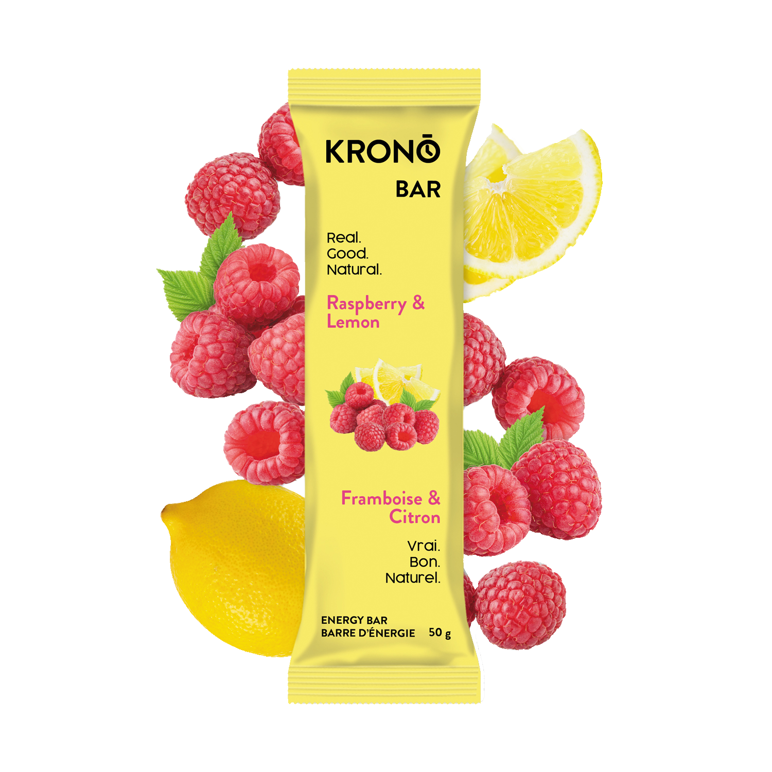 Krono Nutrition raspberry and lemon energy bar, raspberries and lemons in the background