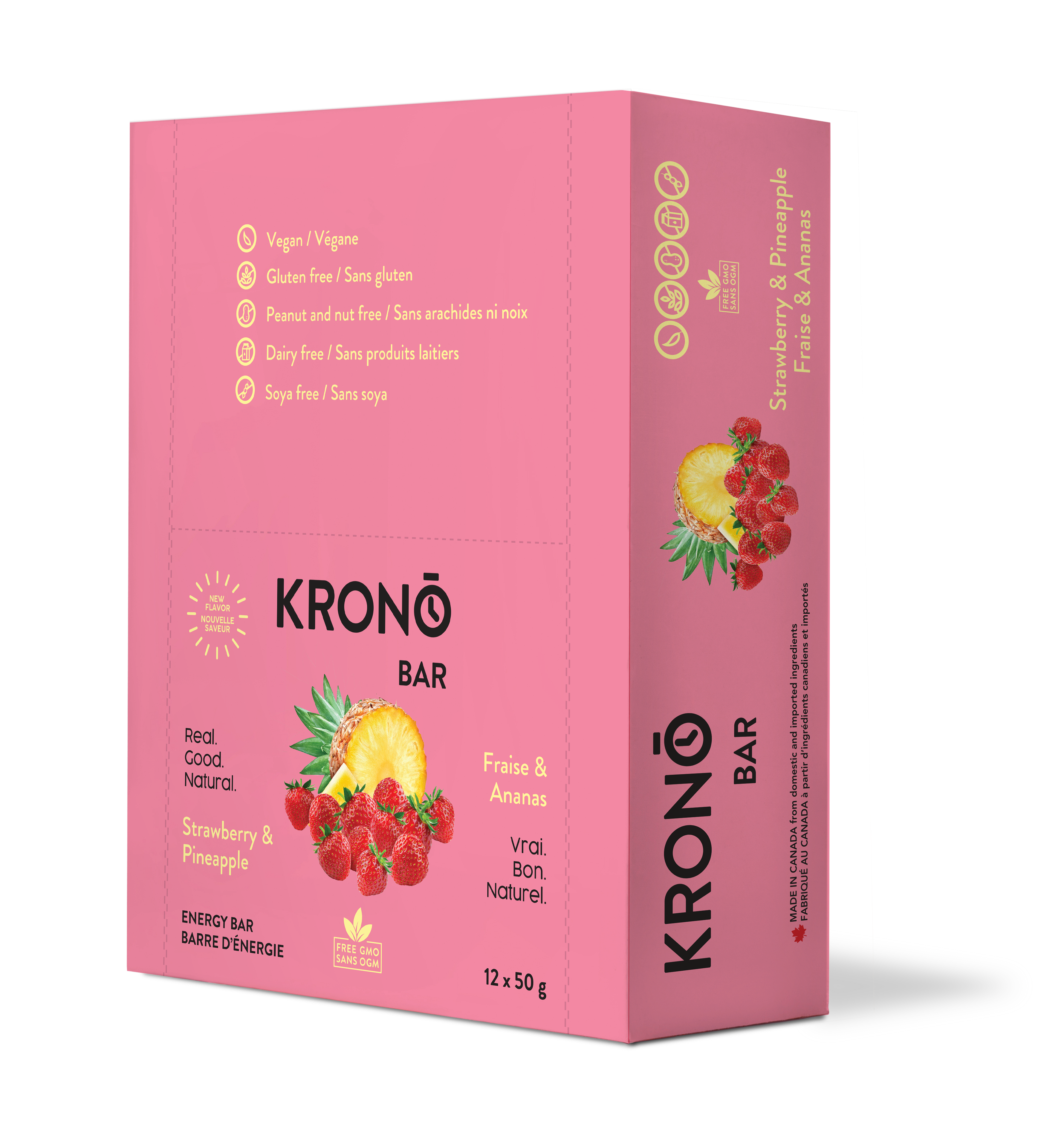 Krono Nutrition strawberry and pineapple energy bar, in a box of 12