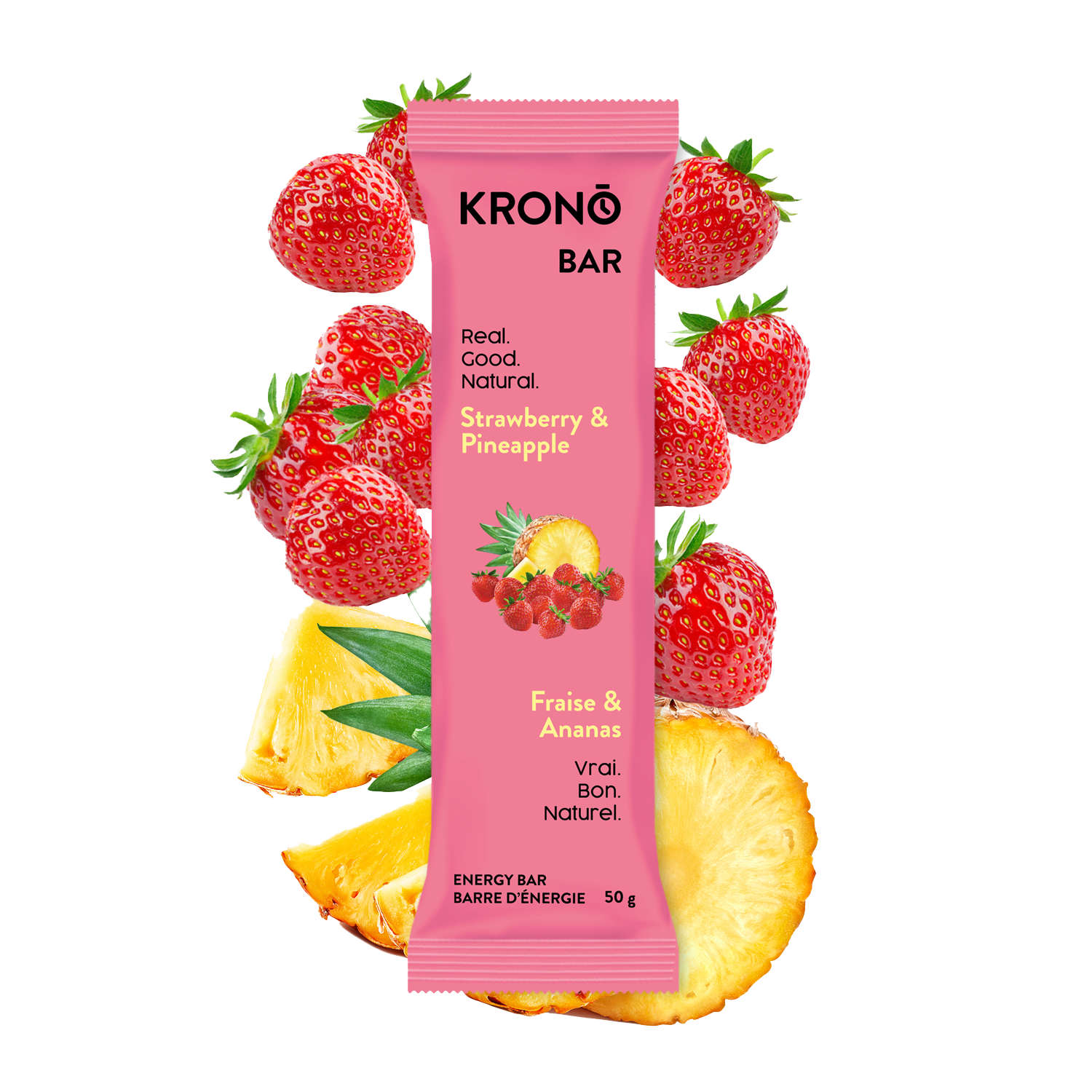 Krono Nutrition strawberry and pineapple energy bar, strawberries and pineapples in the background