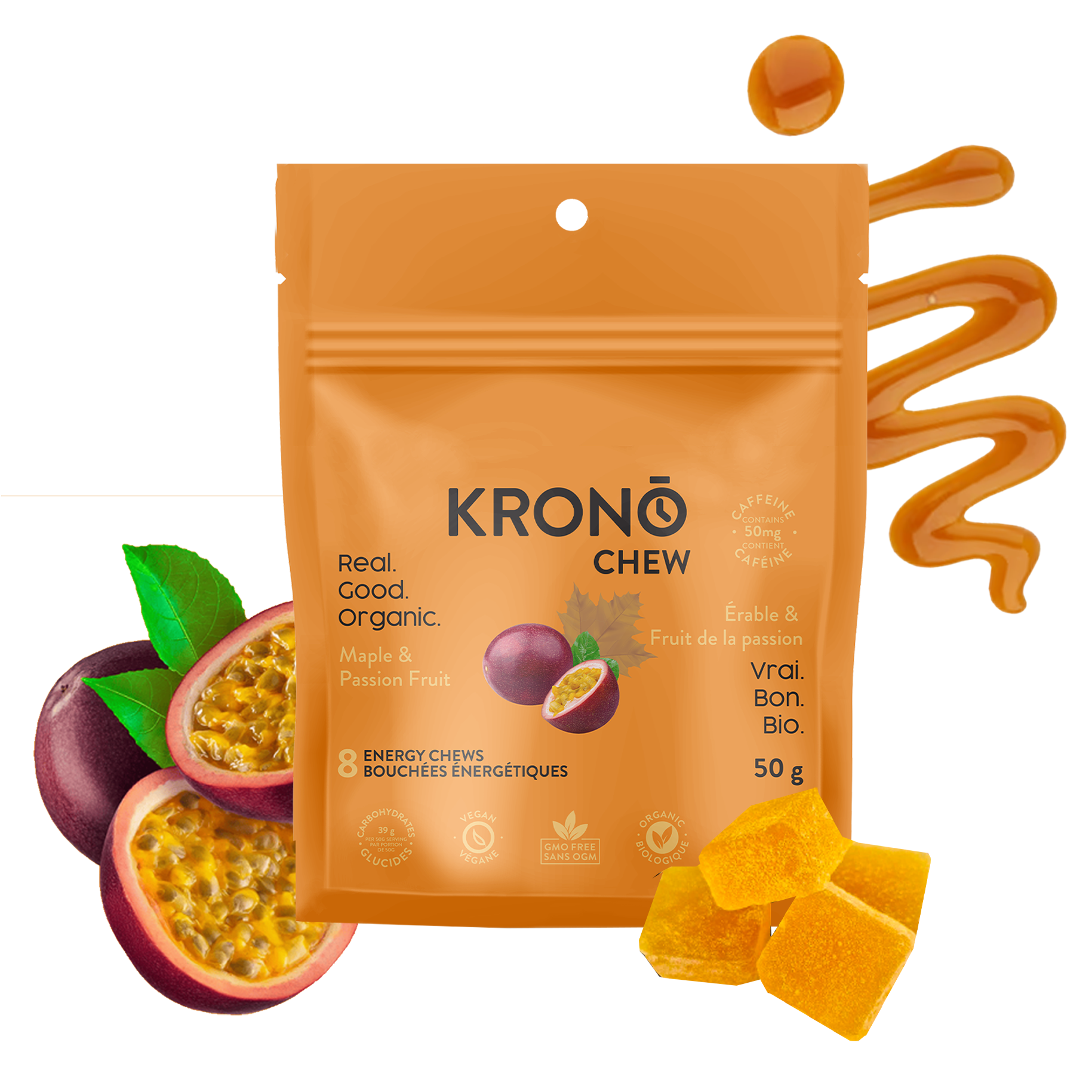 Krono Nutrition maple and passion fruit energy chews, maple syrup and passion fruits in the background with some chews