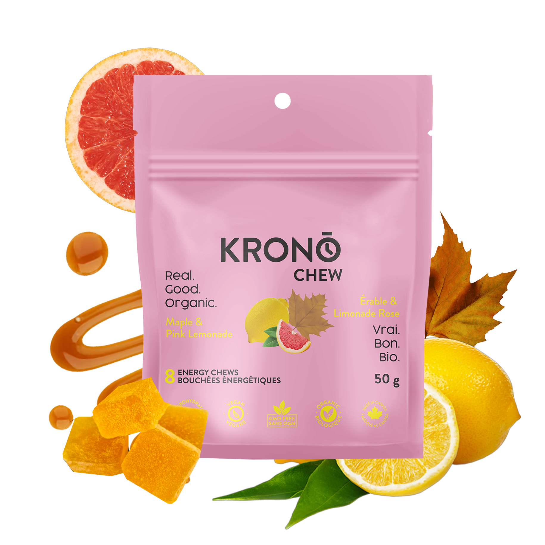 Krono Nutrition maple and pink lemonade energy chews, maple syrup, lemons and grapefruits in the background with some chews