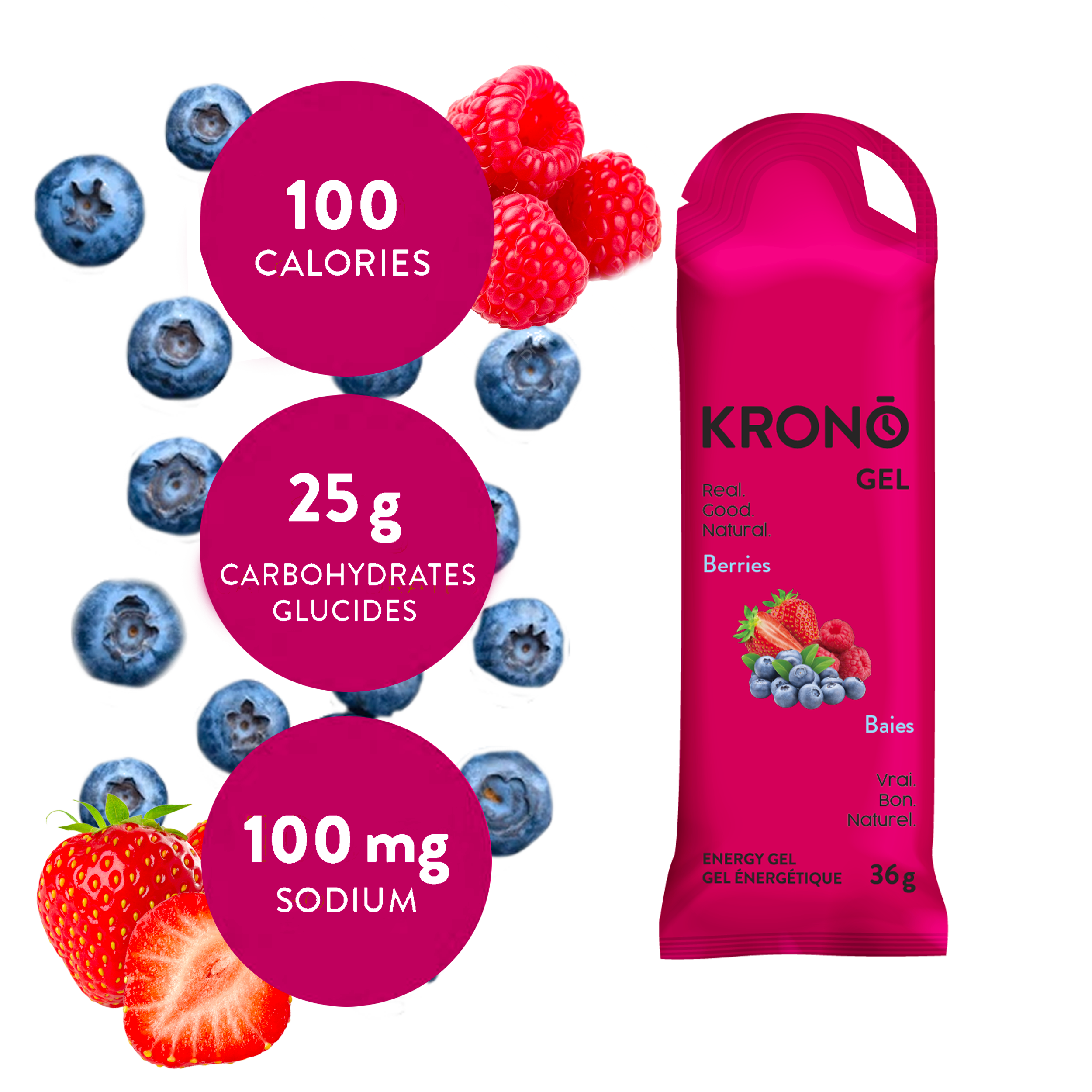 Krono Nutrition berries energy gel, composition with assorted berries in the background