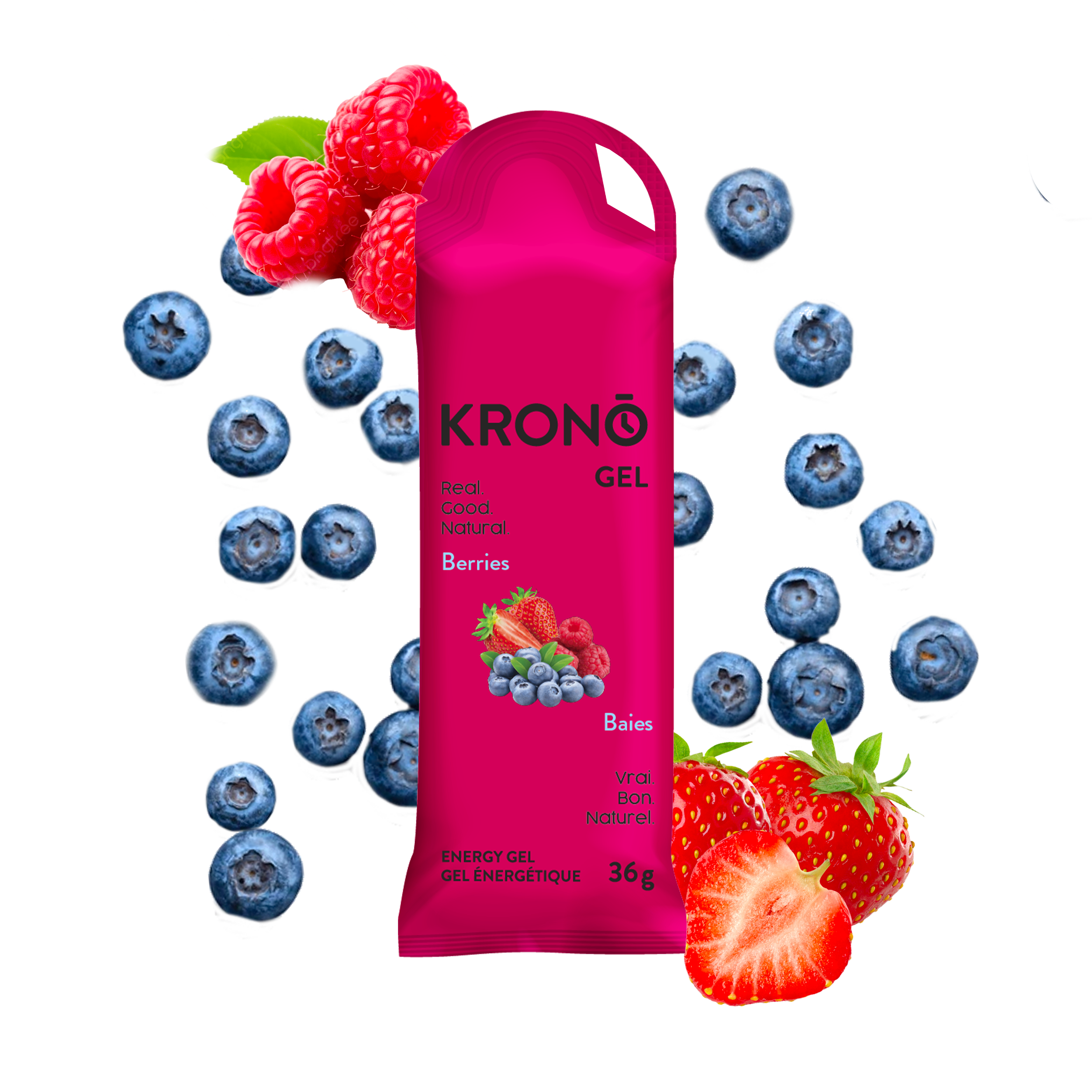 Krono Nutrition berries energy gel, assorted berries in the background