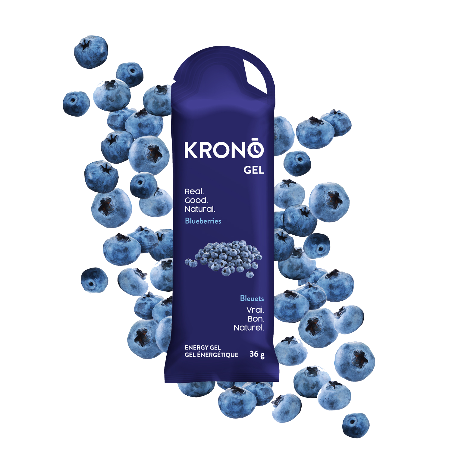 Krono Nutrition blueberries energy gel, blueberries in the background