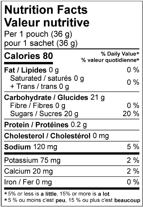 Nutrition facts for Krono Nutrition maple and apple energy gel
