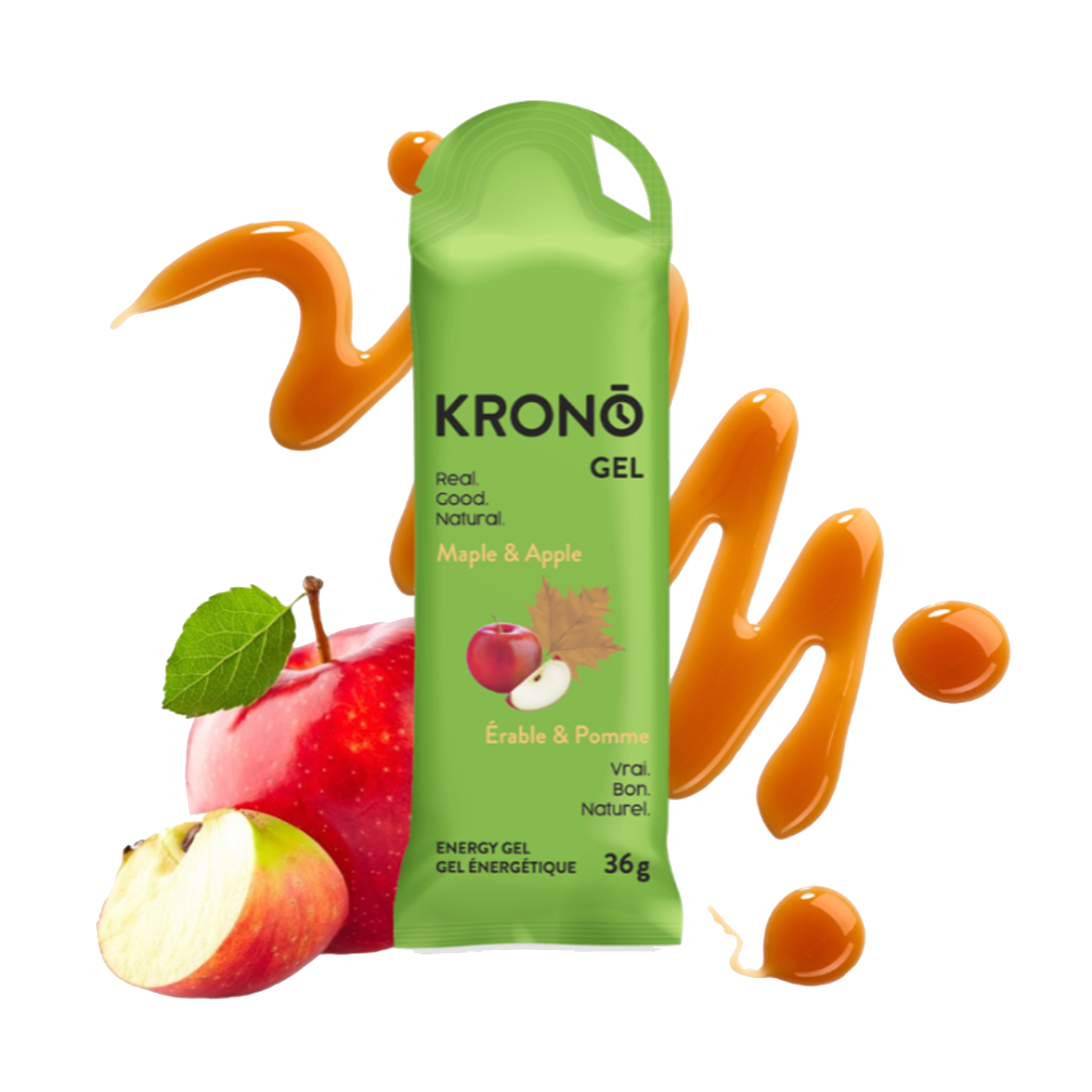 Krono Nutrition maple and apple energy gel, maple syrup and apples in the background
