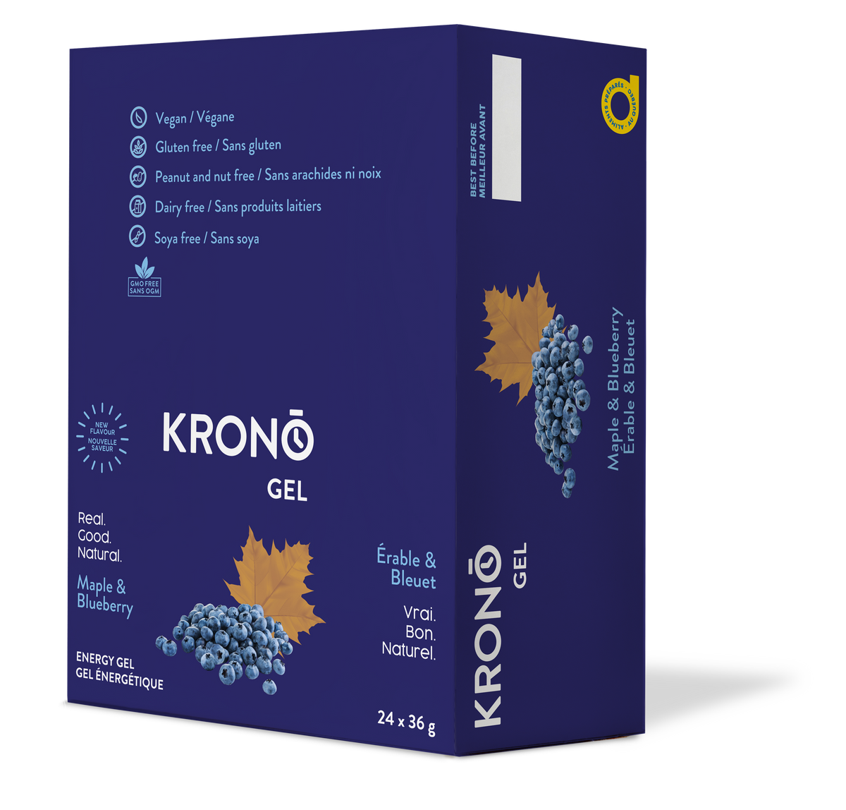 Krono Nutrition maple and blueberries energy gel, in a box of 24 gels