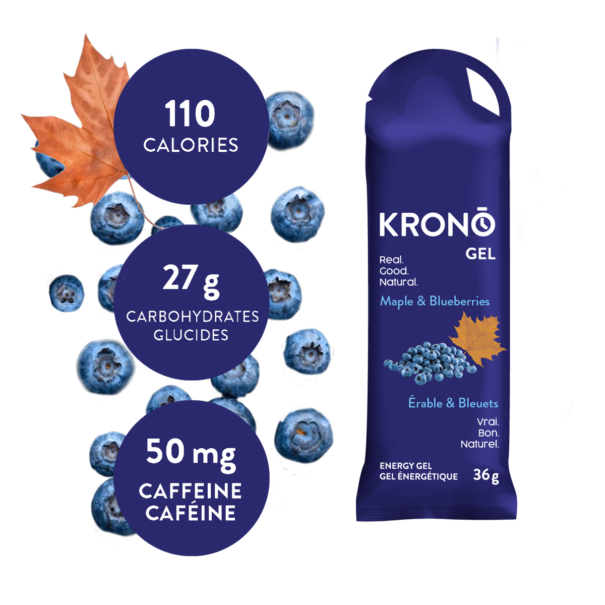 Krono Nutrition maple and blueberries energy gel, composition with maple leaf and blueberries in the background