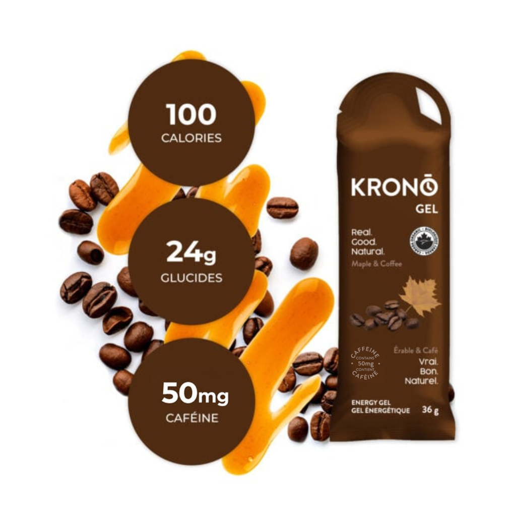 Krono Nutrition maple and coffee energy gel, composition with maple syrup and coffee beans in the background