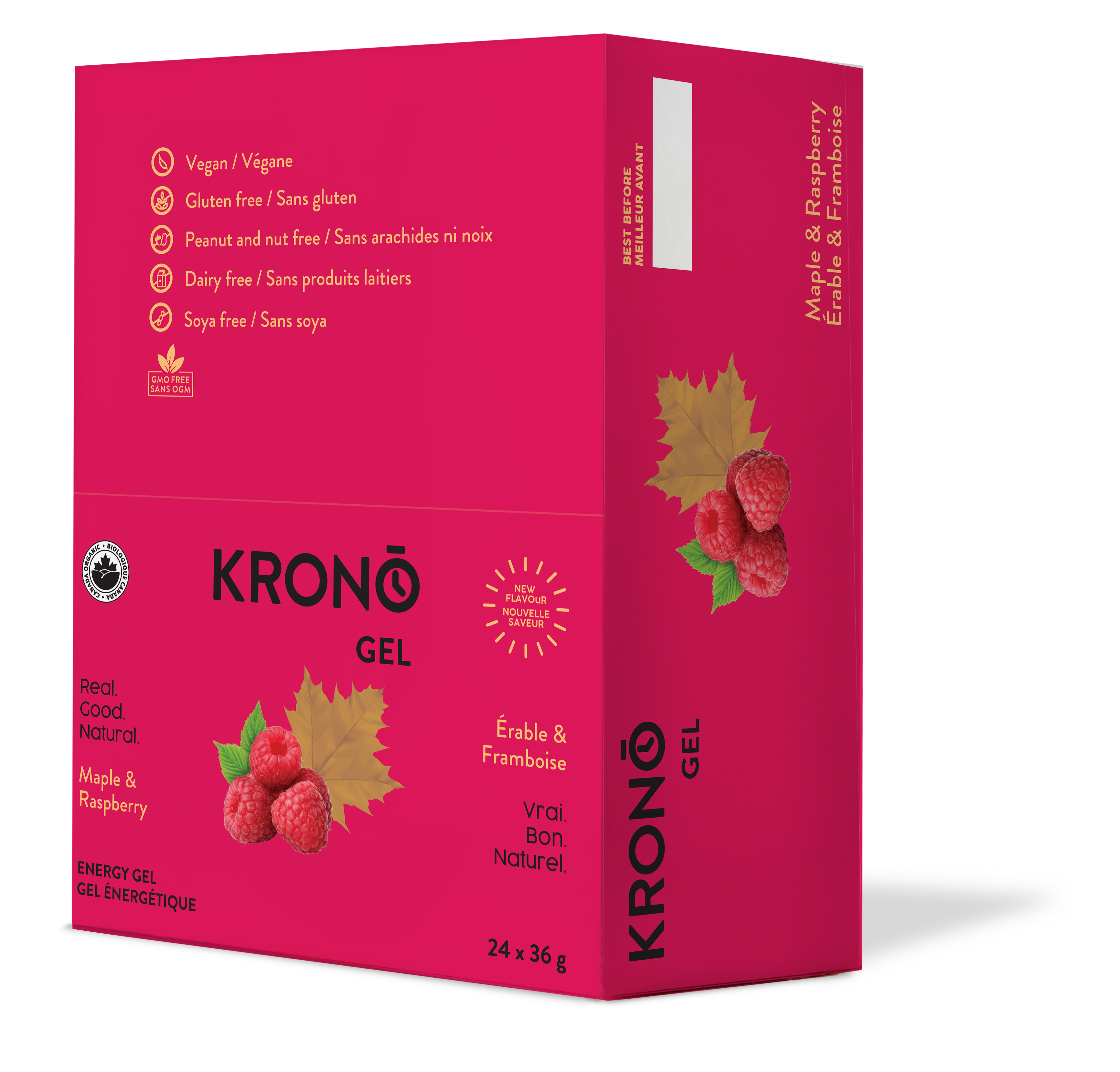 Krono Nutrition maple and raspberry energy gel, in a box of 24