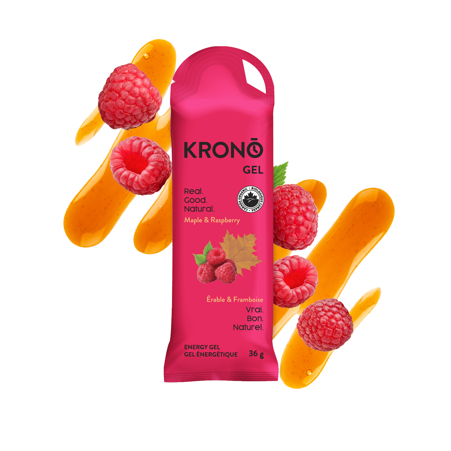 Krono Nutrition maple and raspberry energy gel, maple syrup and raspberries in the background