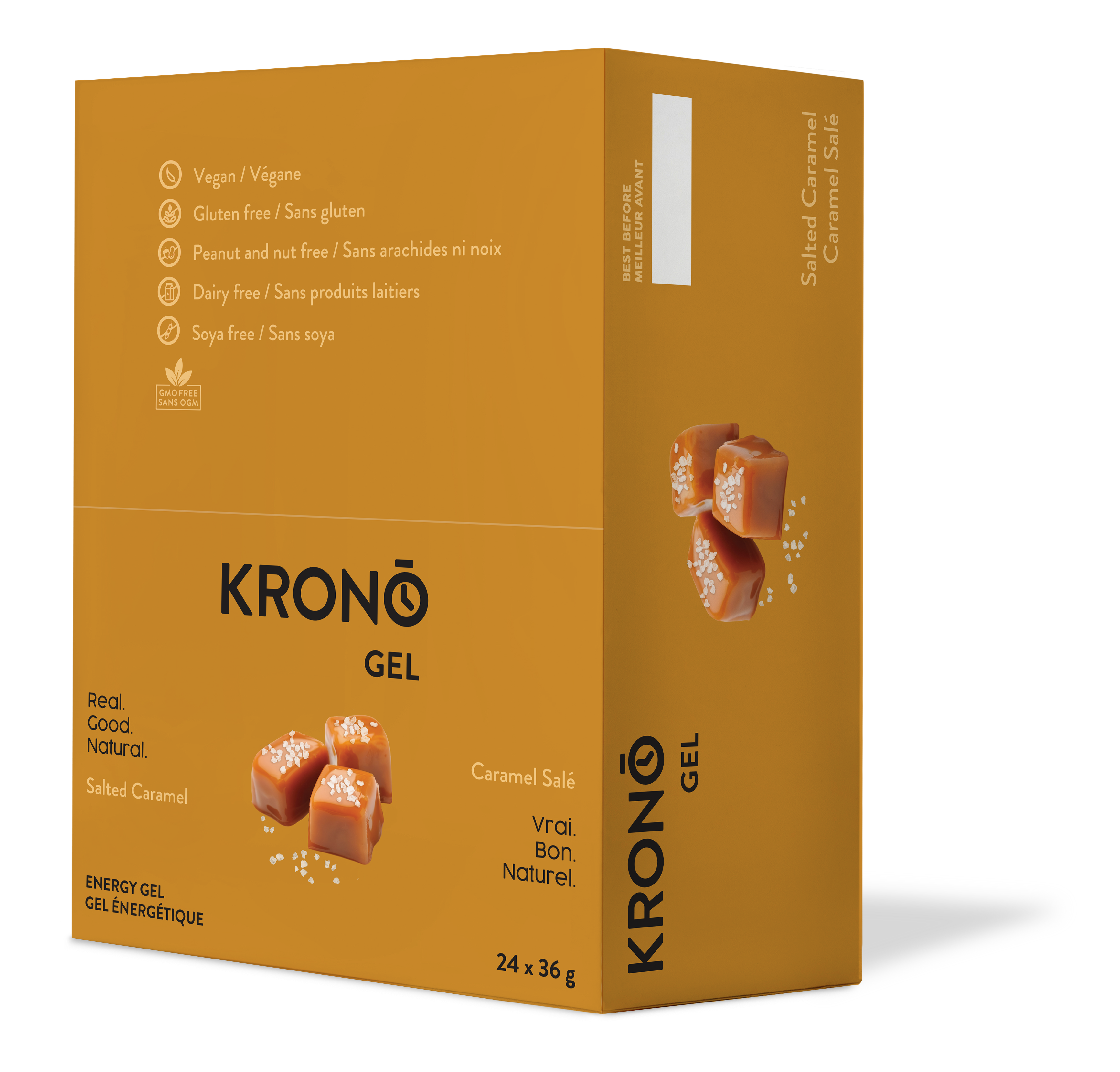 Krono Nutrition salted caramel energy gel, in a box of 24