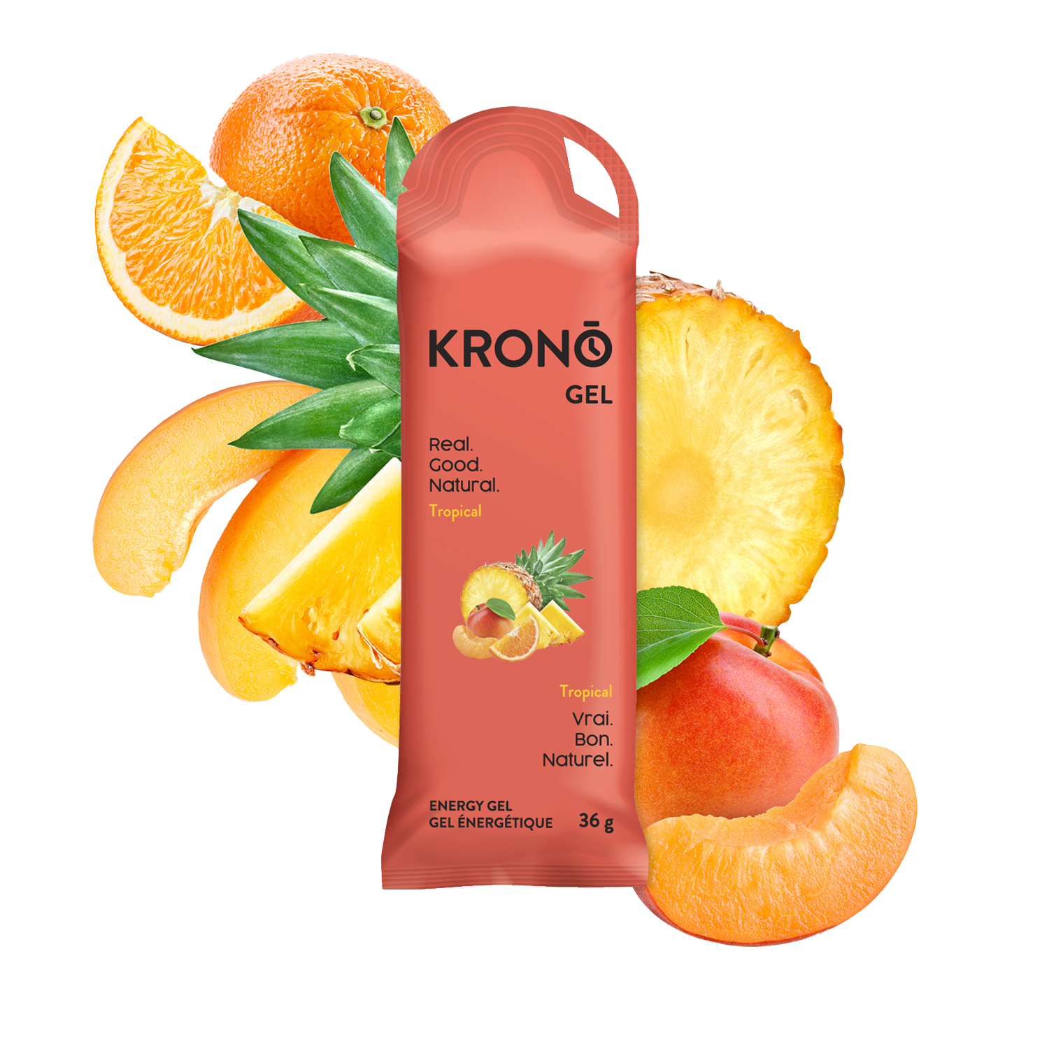 Krono Nutrition tropical energy gel, tropical fruits in the background