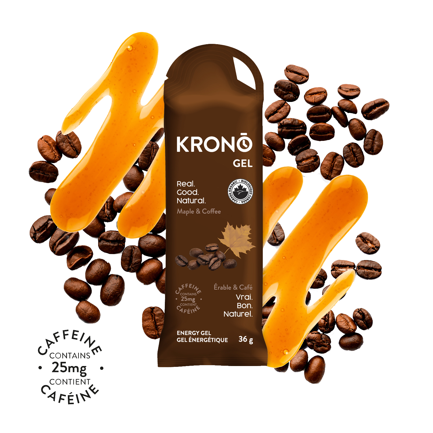 Krono Nutrition maple and coffee energy gel, maple syrup and coffee beans in the background