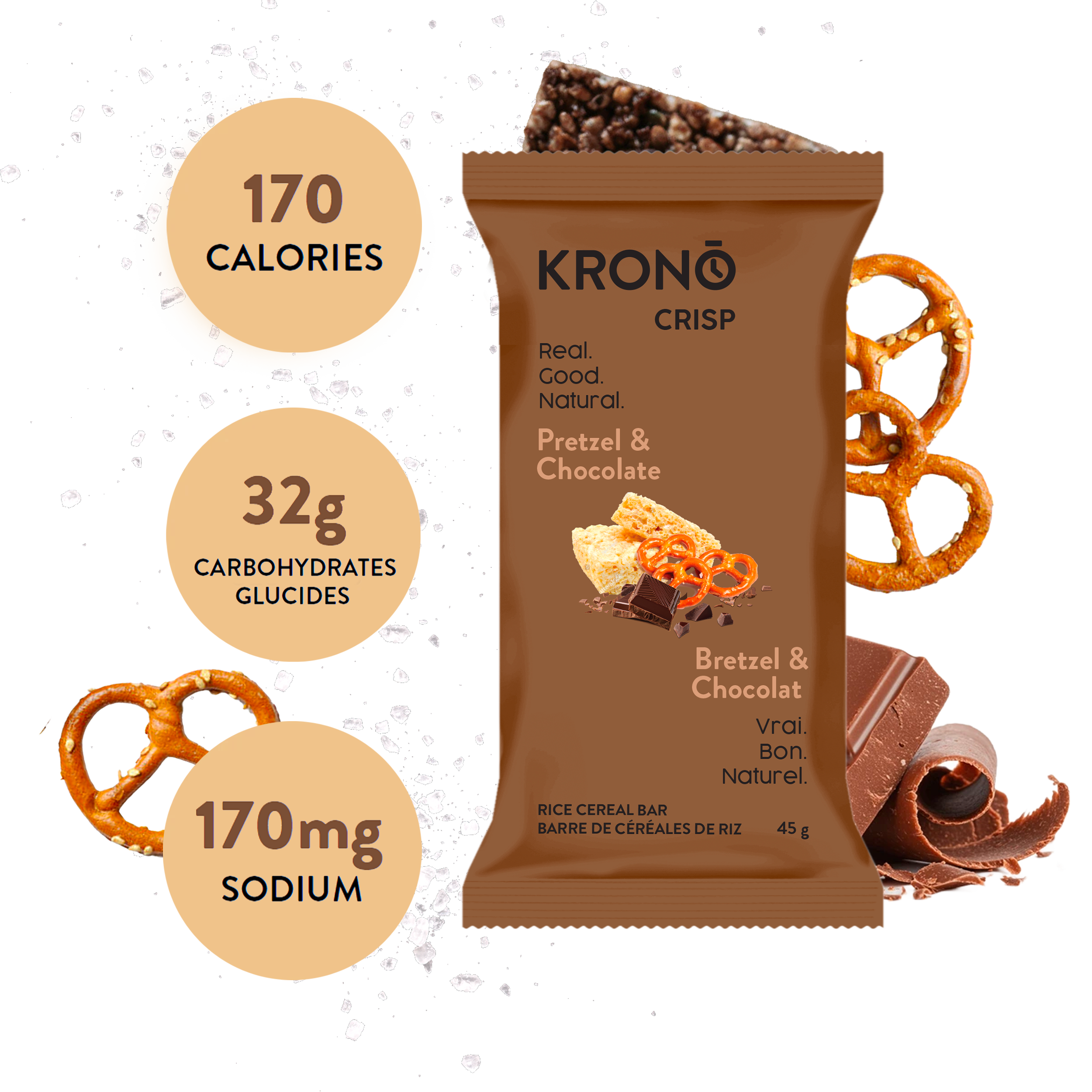Krono Nutrition pretzel and chocolate energy rice cakes, composition with pretzels and chocolate in the background