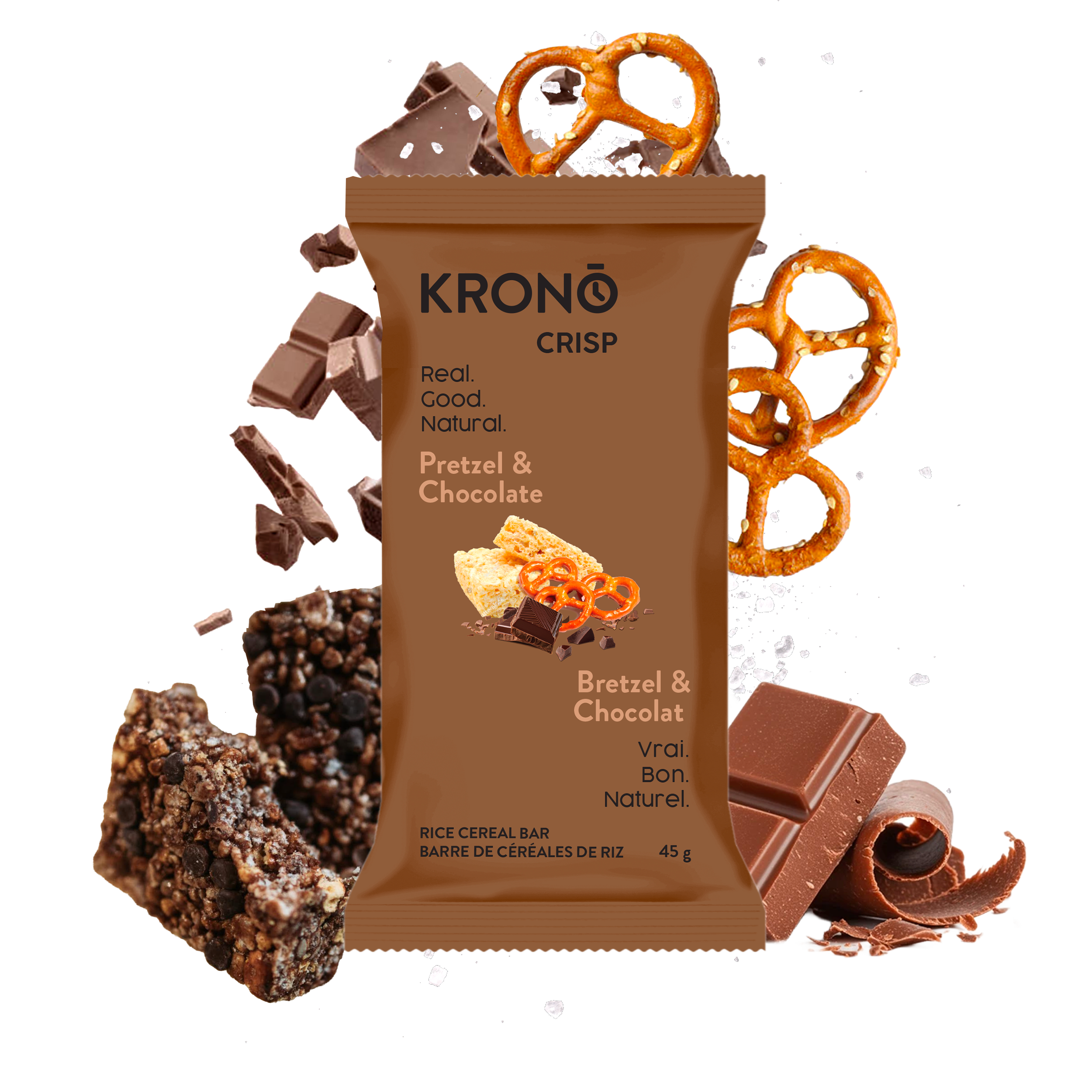 Krono Nutrition pretzel and chocolate energy rice cakes, pretzels and chocolate in the background