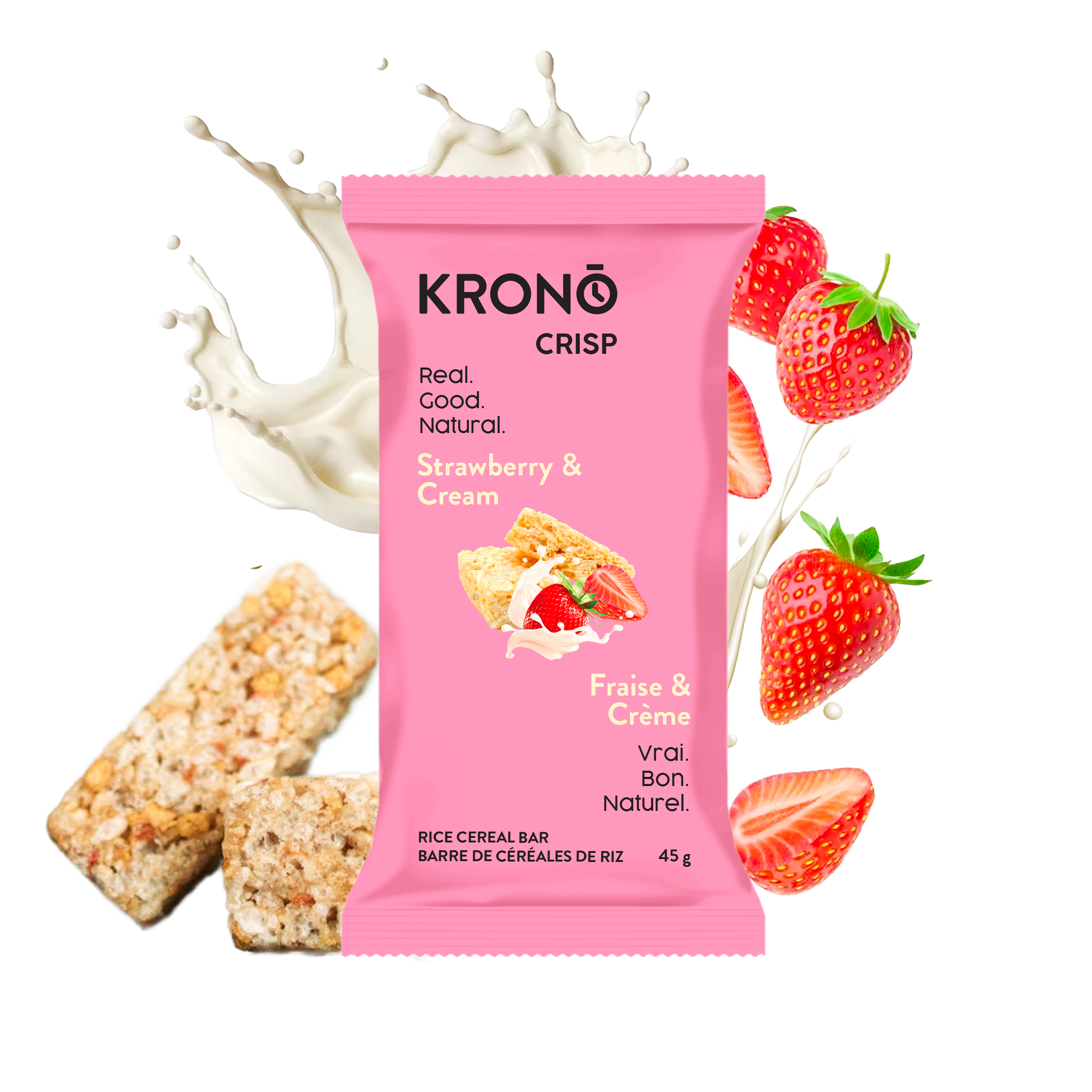 Krono Nutrition strawberry and cream energy rice cakes, strawberries and milk in the background