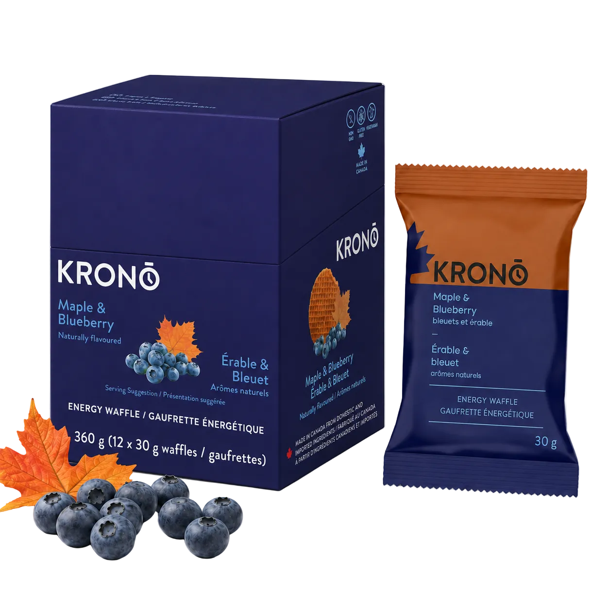 Krono Nutrition maple and blueberry energy waffle, in a box of 12 waffles, with a maple leaf and blueberries next to the box