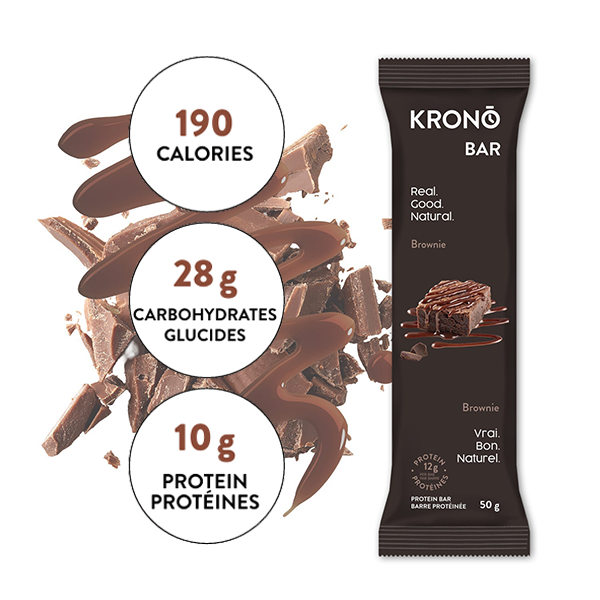 Krono Nutrition crunchy salted caramel protein bar, composition with chocolate in the background
