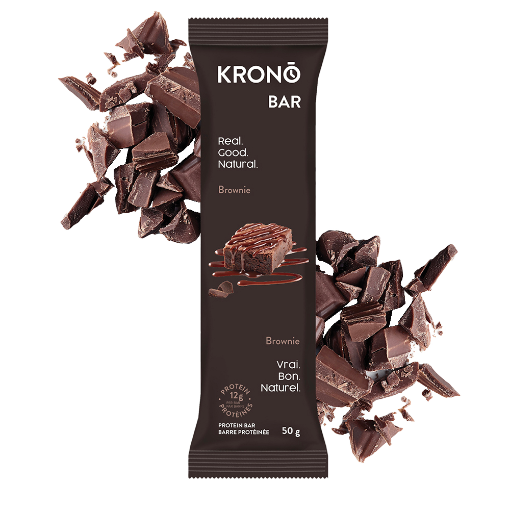 Krono Nutrition brownie protein bar, chocolate in the background