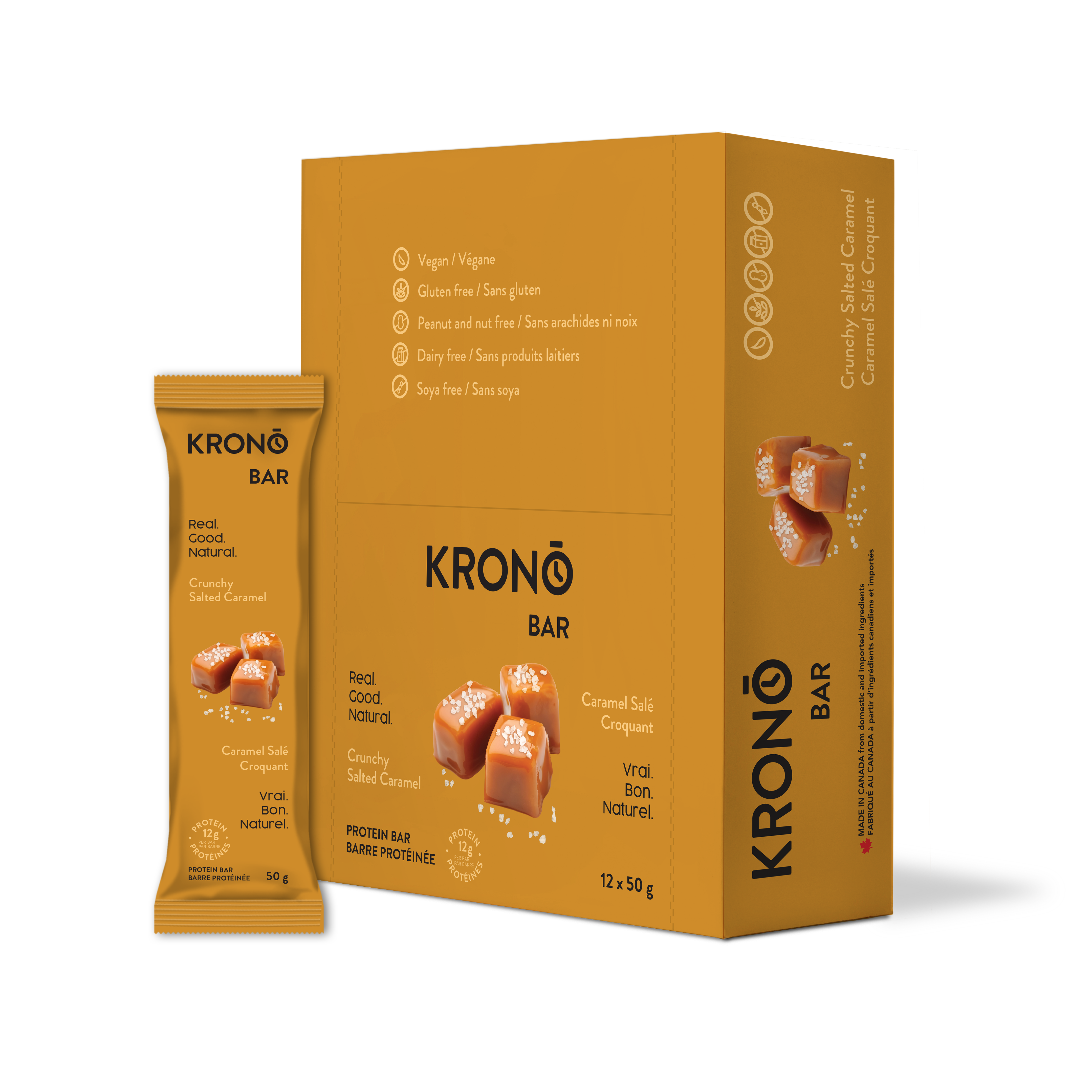 Krono Nutrition crunchy salted caramel protein bar, in a box of 12