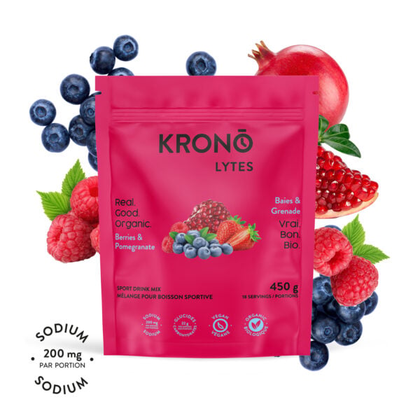 Krono Nutrition berries and pomegranate sport drink mix, 450g, berries and pomegranates in the background