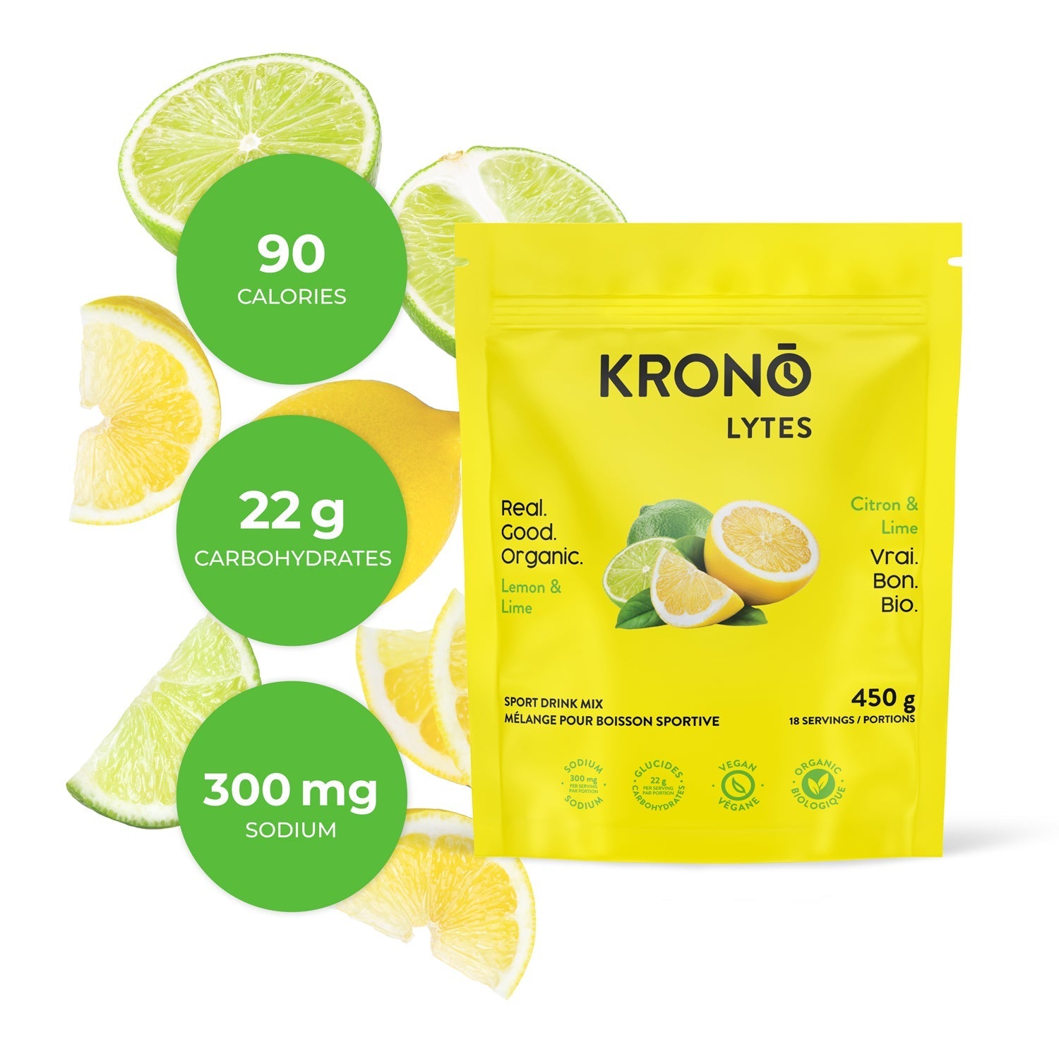 Krono Nutrition lemon and lime sport drink mix, 450g, composition with lemons and limes in the background