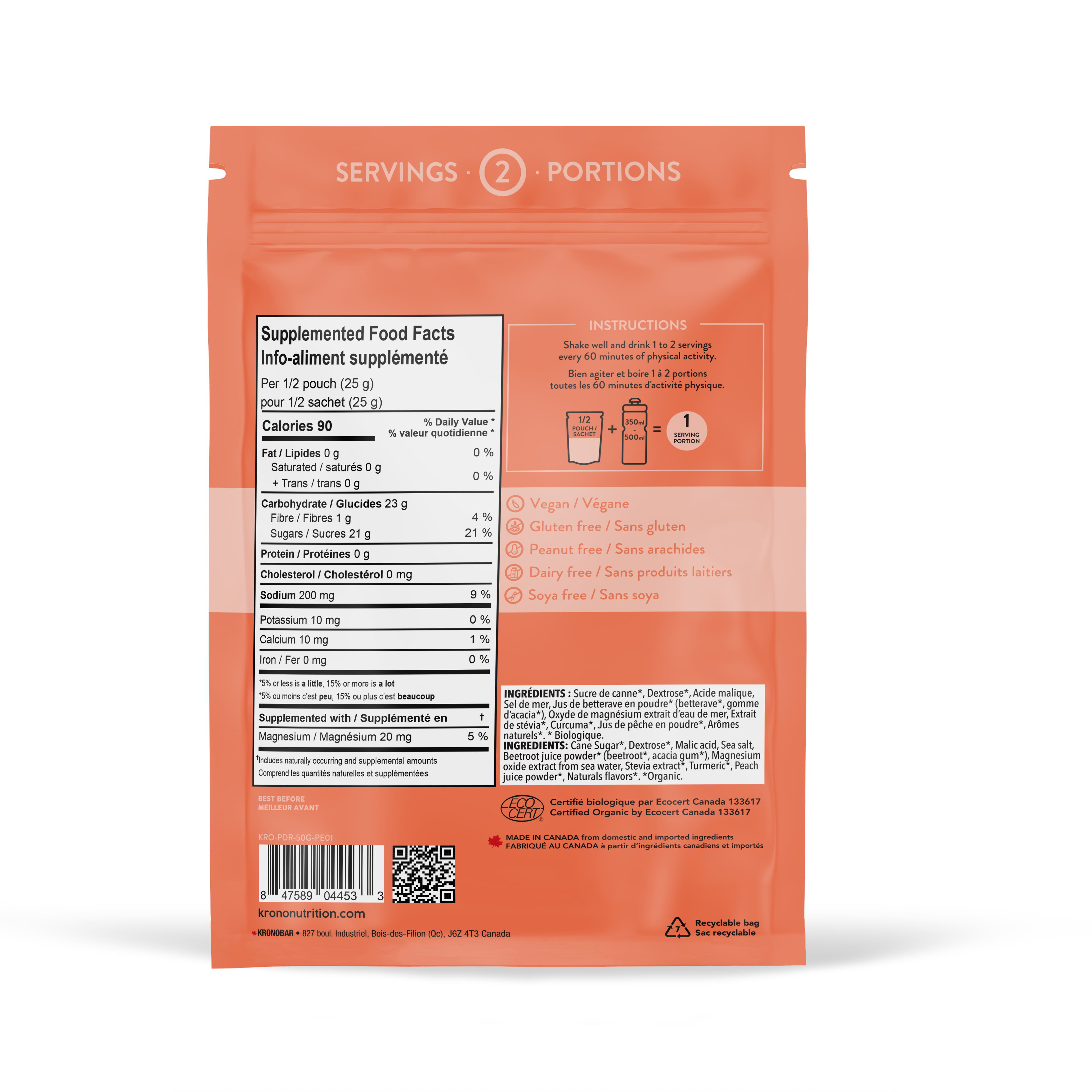 Krono Nutrition peach sport drink mix, 50g, back view