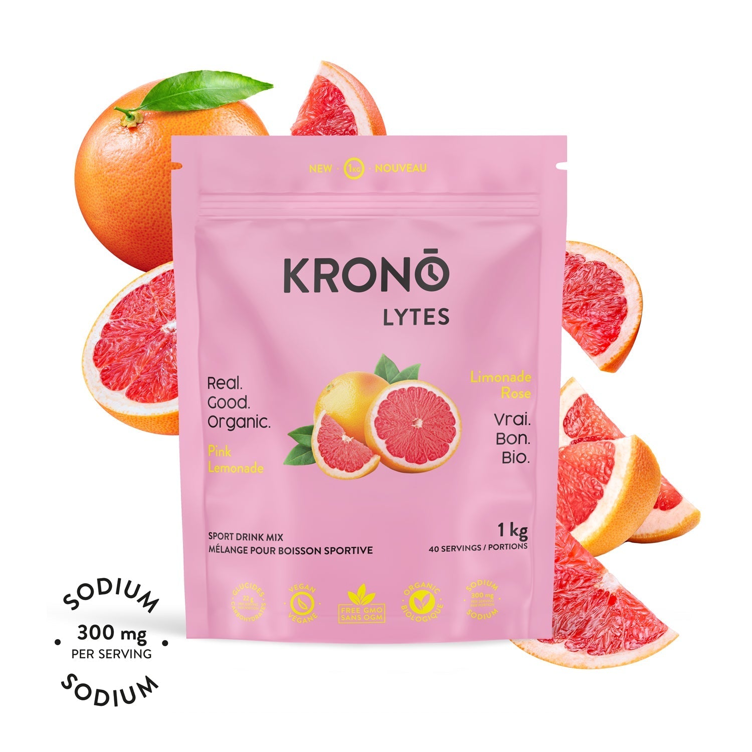 Krono Nutrition pink lemonade sport drink mix, 1kg, grapefruits in the background