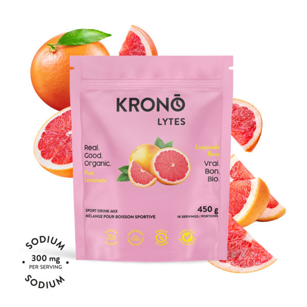 Krono Nutrition pink lemonade sport drink mix, 450g, grapefruits in the background